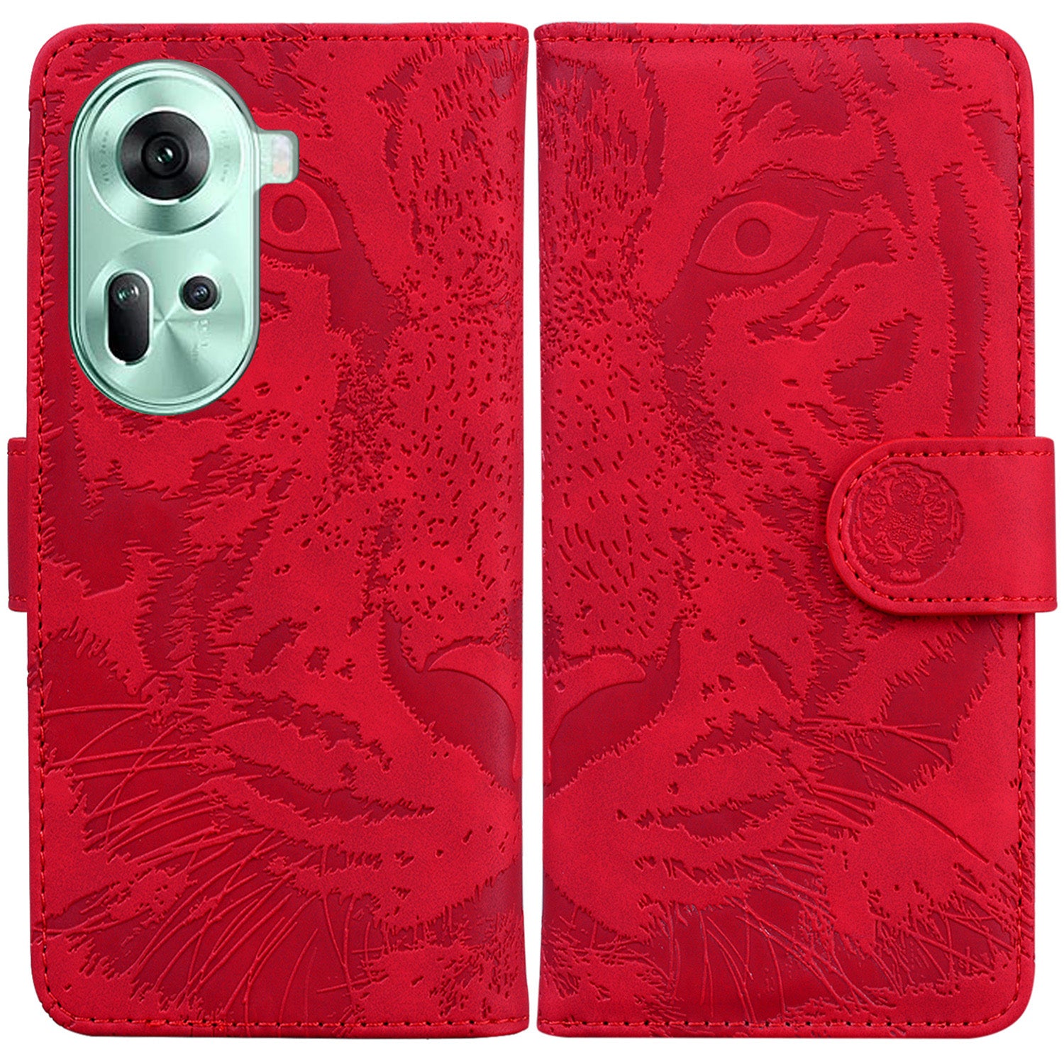 For Oppo Reno11 5G (Global) Case Tiger Imprint Leather Wallet Shockproof Cell Phone Cover