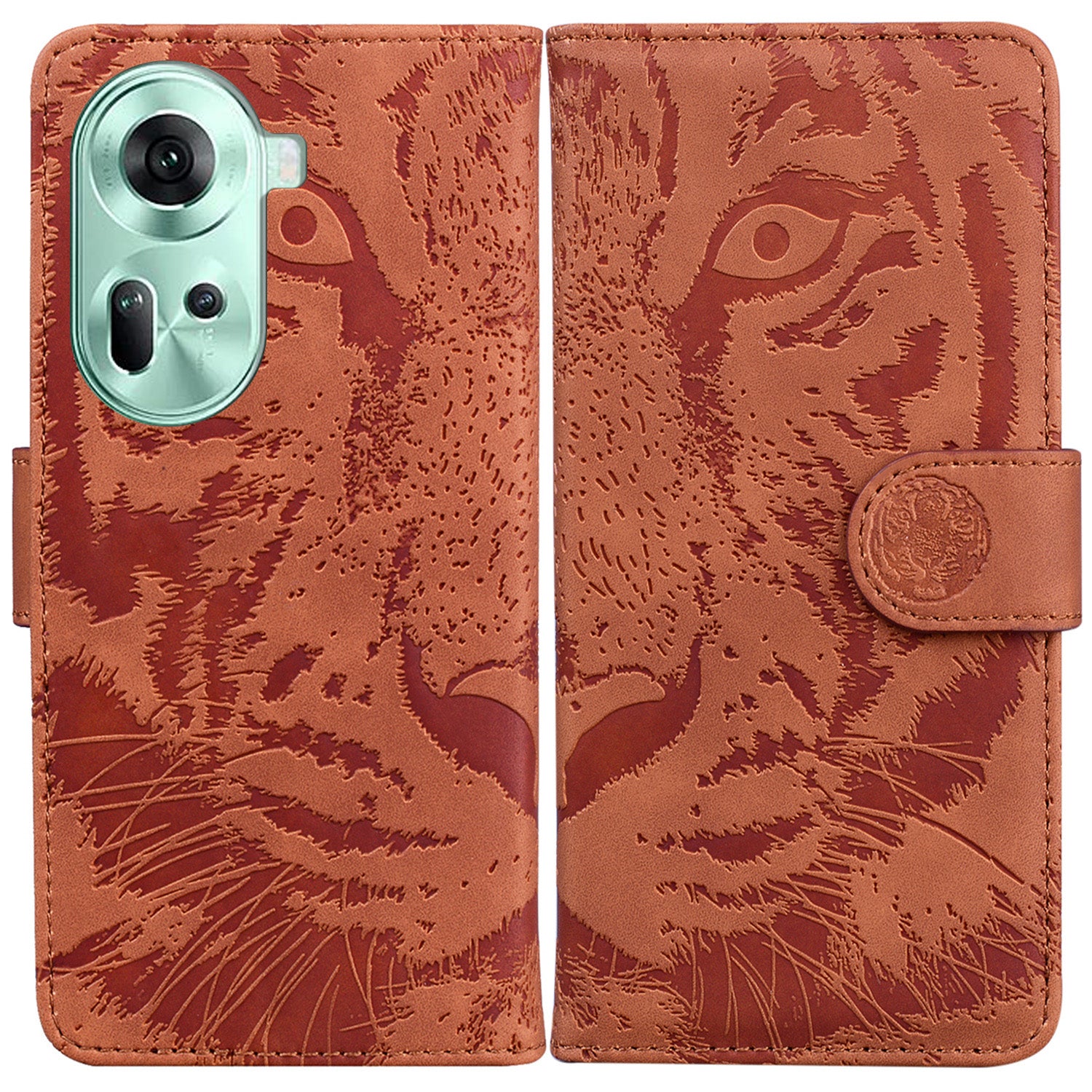 For Oppo Reno11 5G (Global) Case Tiger Imprint Leather Wallet Shockproof Cell Phone Cover