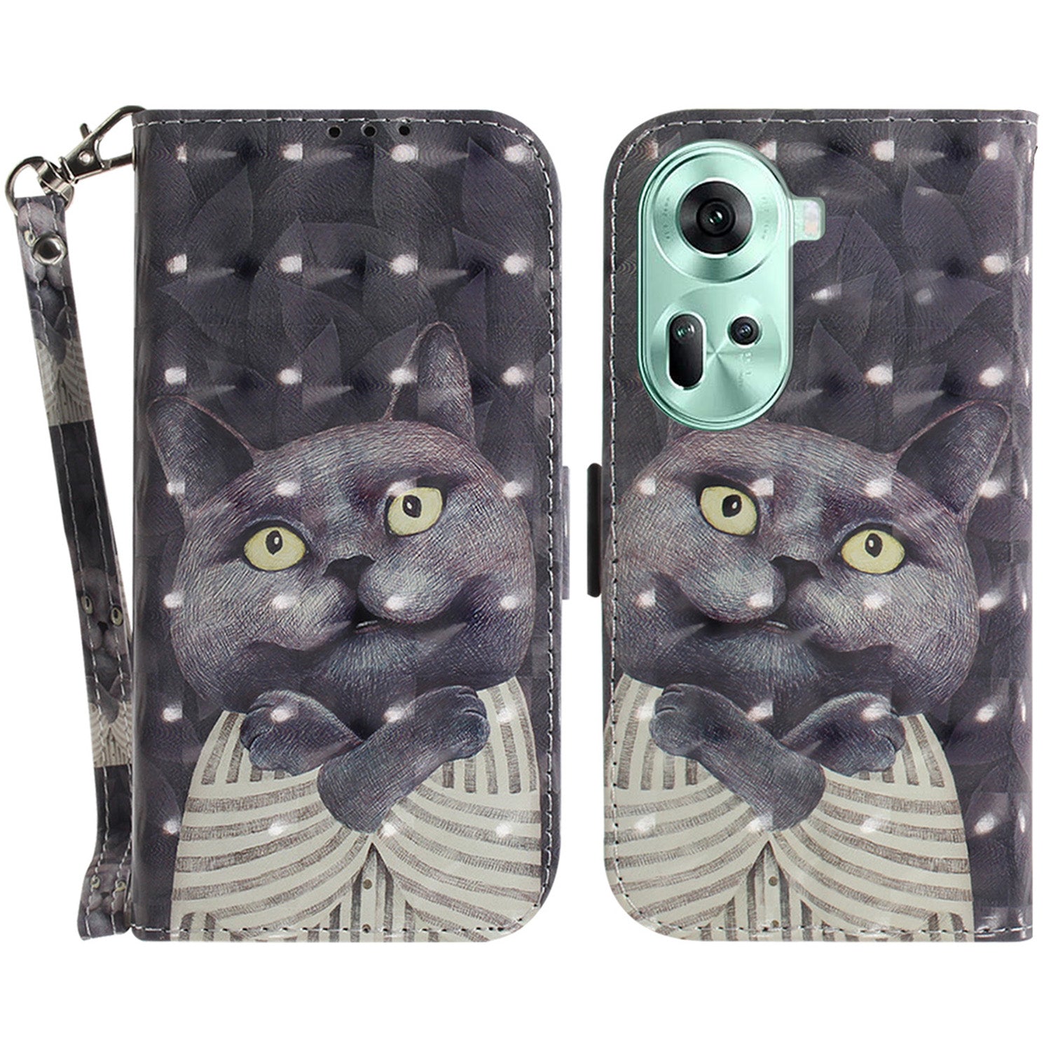 For Oppo Reno11 5G (Global) Case Pattern Printed Anti-Scratch Leather Phone Cover with Strap