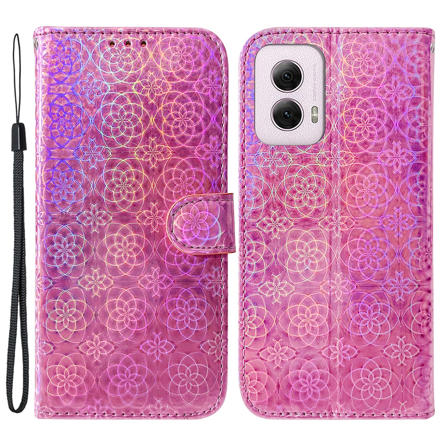 For Motorola Moto G Power (2024) Case with Card Slots Wrist Strap PU Leather Dazzling Flower Phone Cover