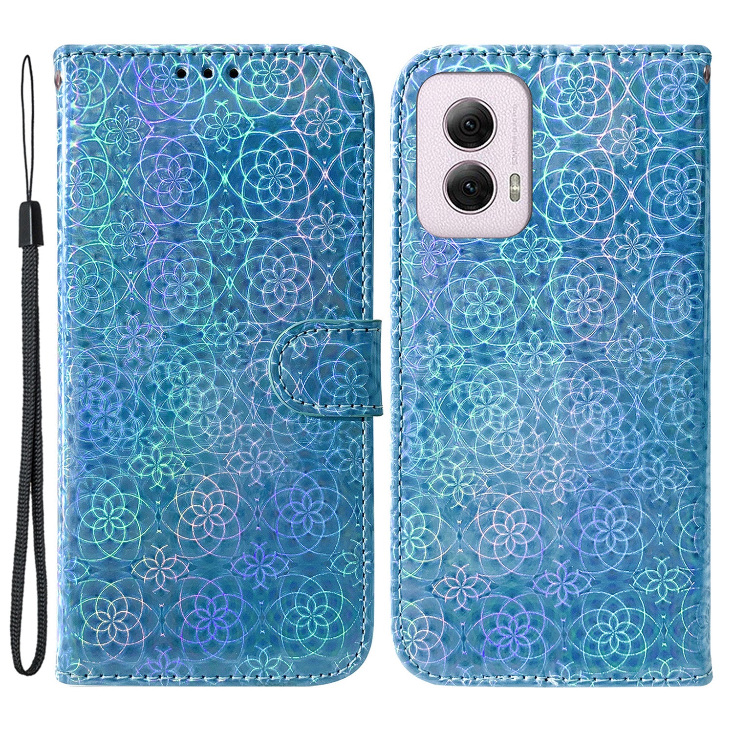 For Motorola Moto G Power (2024) Case with Card Slots Wrist Strap PU Leather Dazzling Flower Phone Cover