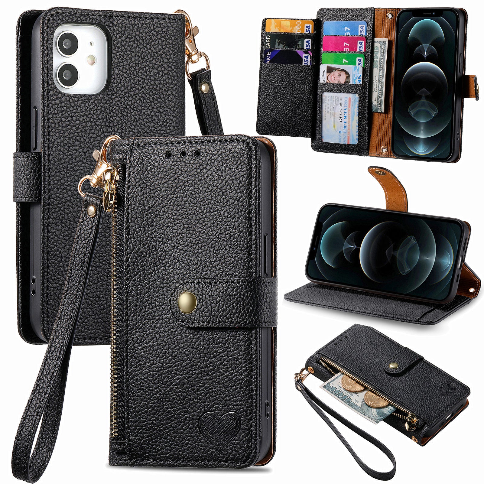For iPhone 12 / 12 Pro Case Wallet Zipper Leather Phone Cover RFID Blocking Function