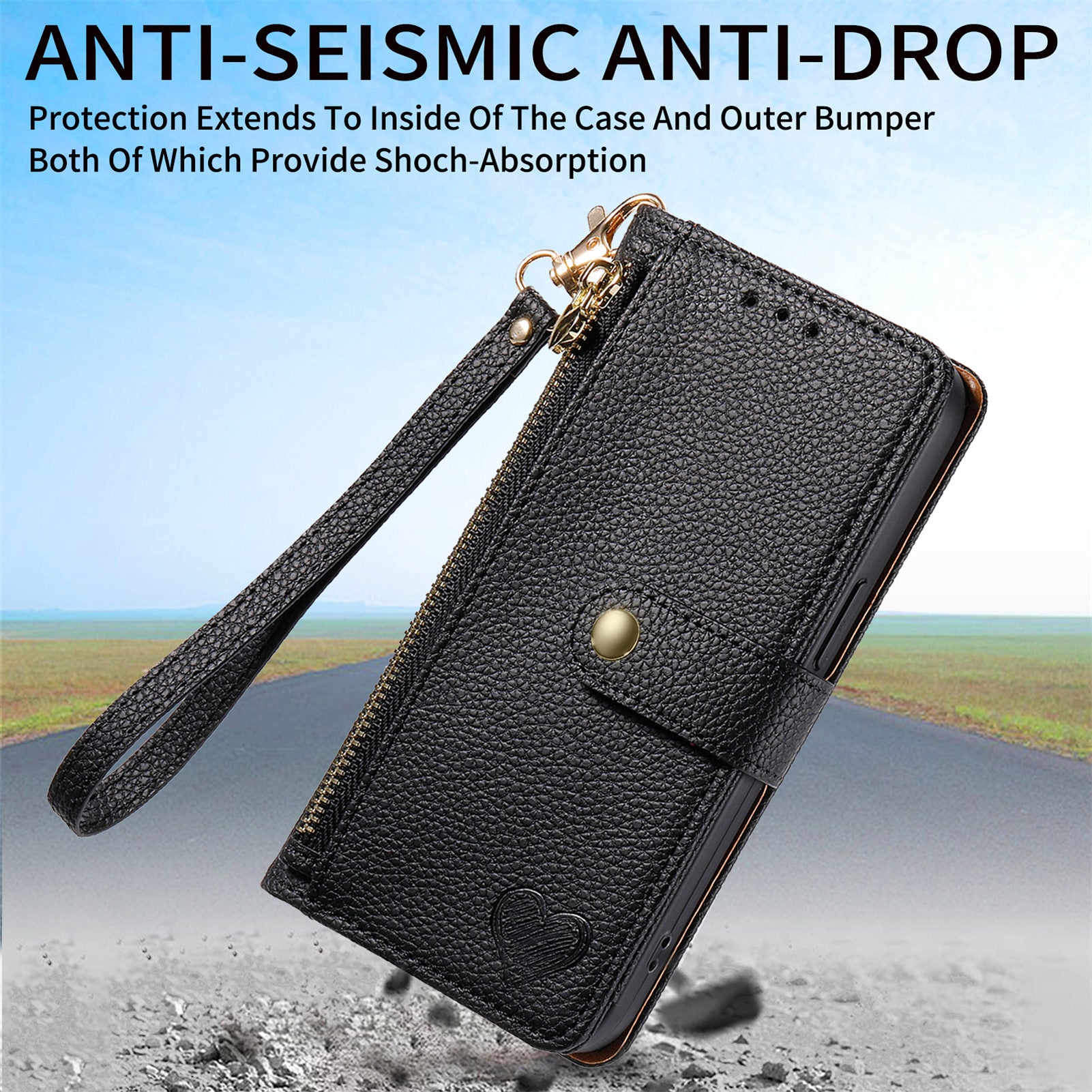 For iPhone 12 / 12 Pro Case Wallet Zipper Leather Phone Cover RFID Blocking Function