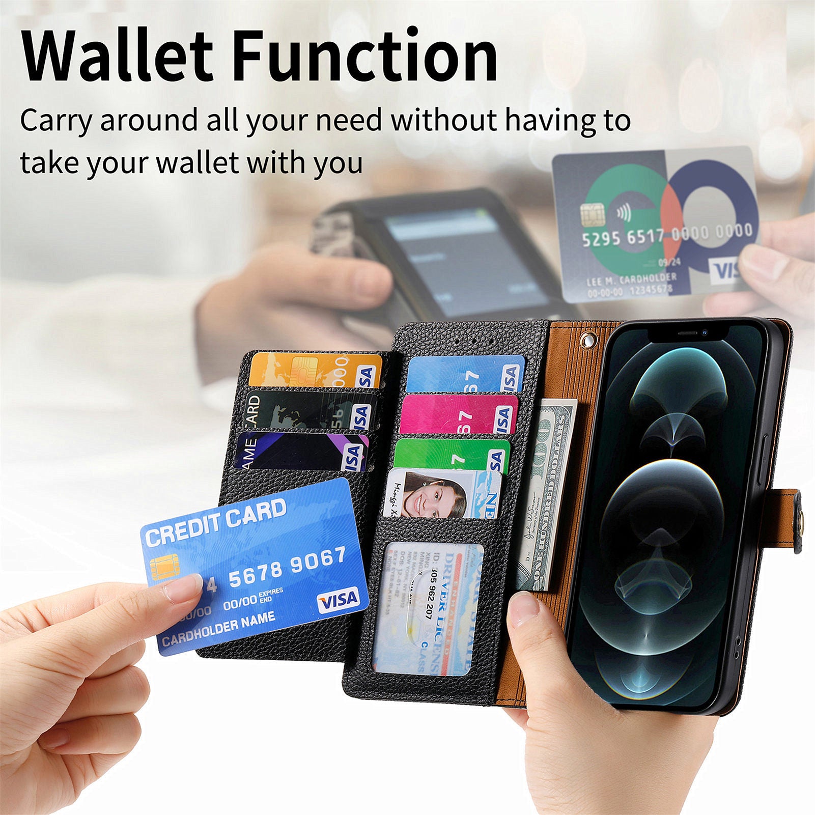 For iPhone 12 / 12 Pro Case Wallet Zipper Leather Phone Cover RFID Blocking Function