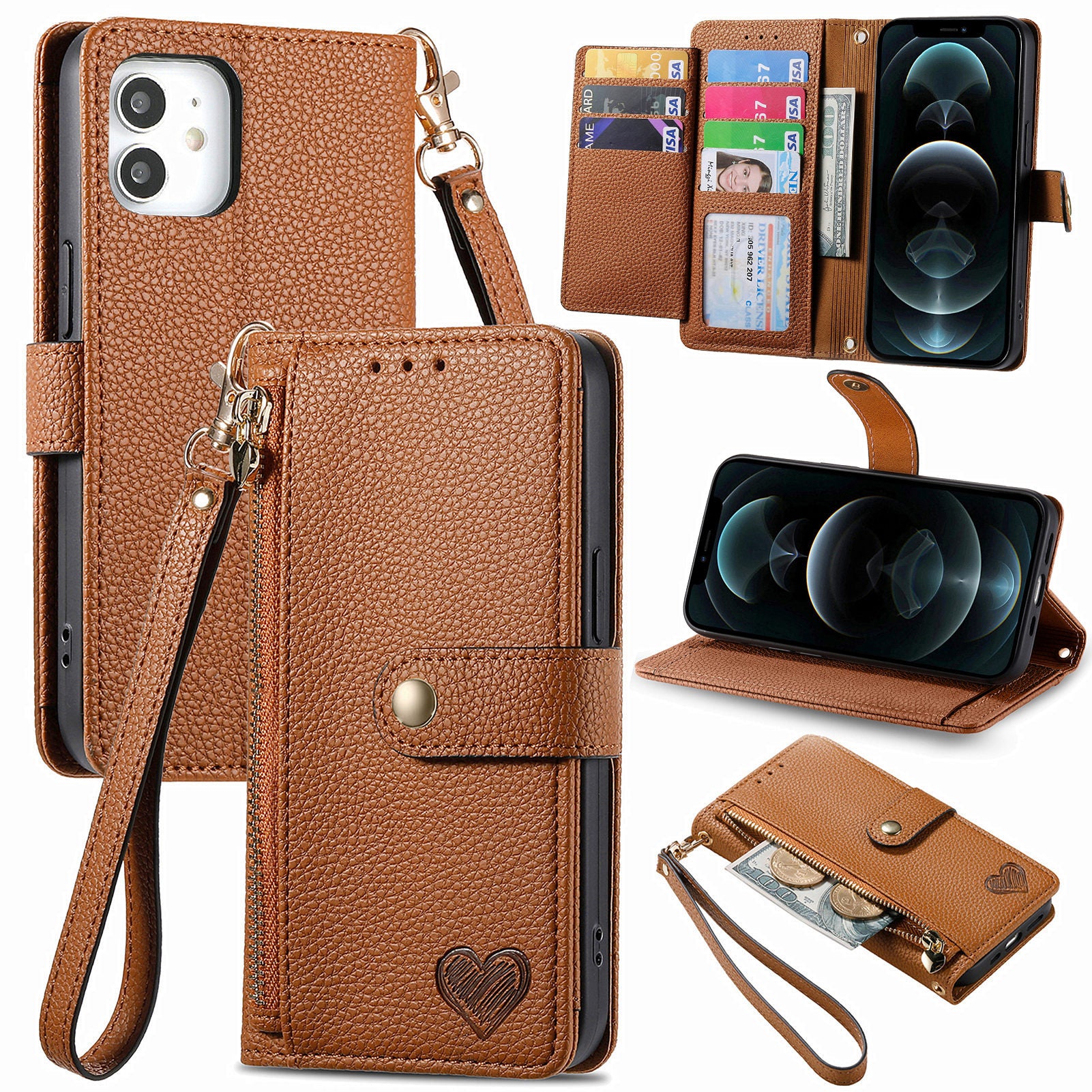 For iPhone 12 / 12 Pro Case Wallet Zipper Leather Phone Cover RFID Blocking Function