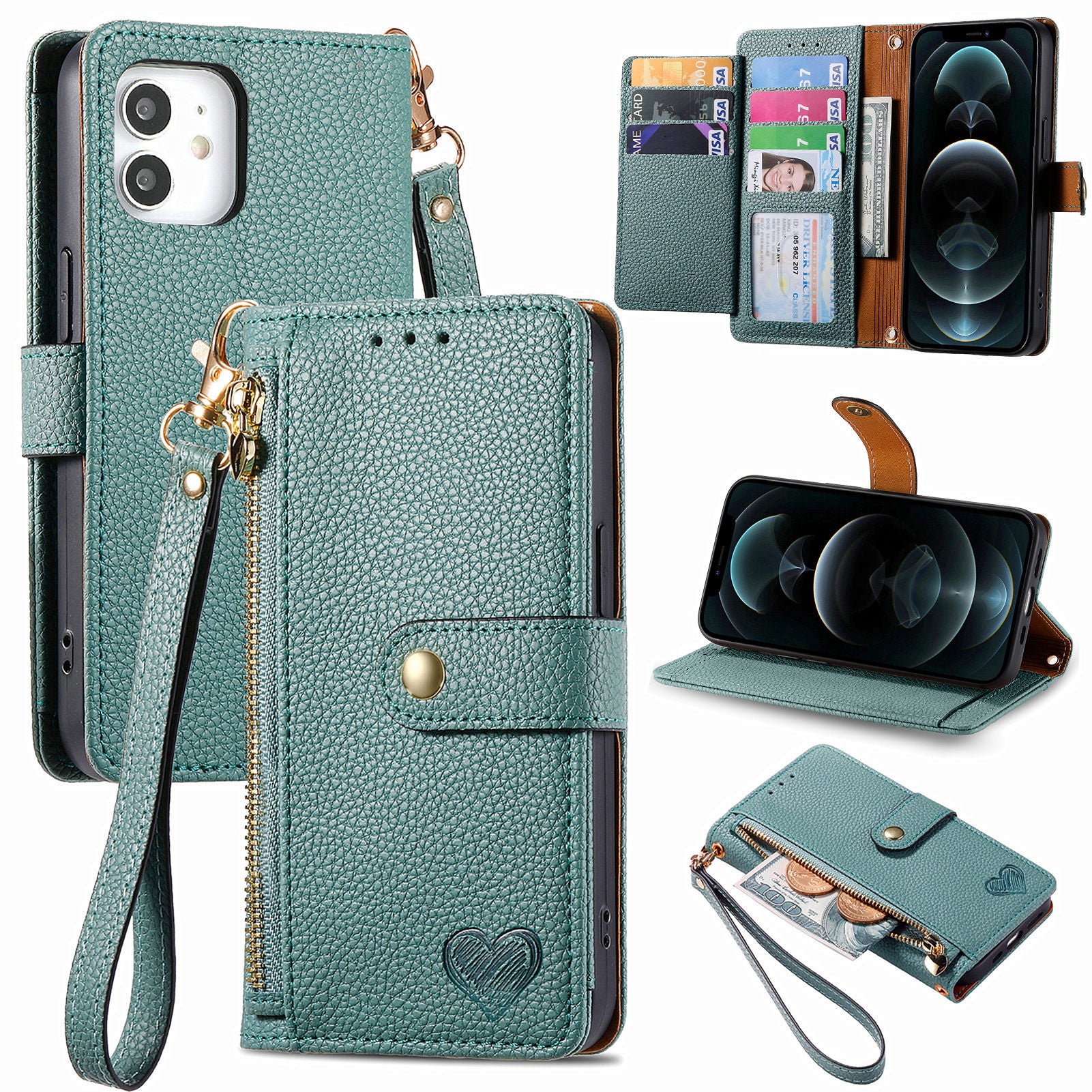 For iPhone 12 / 12 Pro Case Wallet Zipper Leather Phone Cover RFID Blocking Function