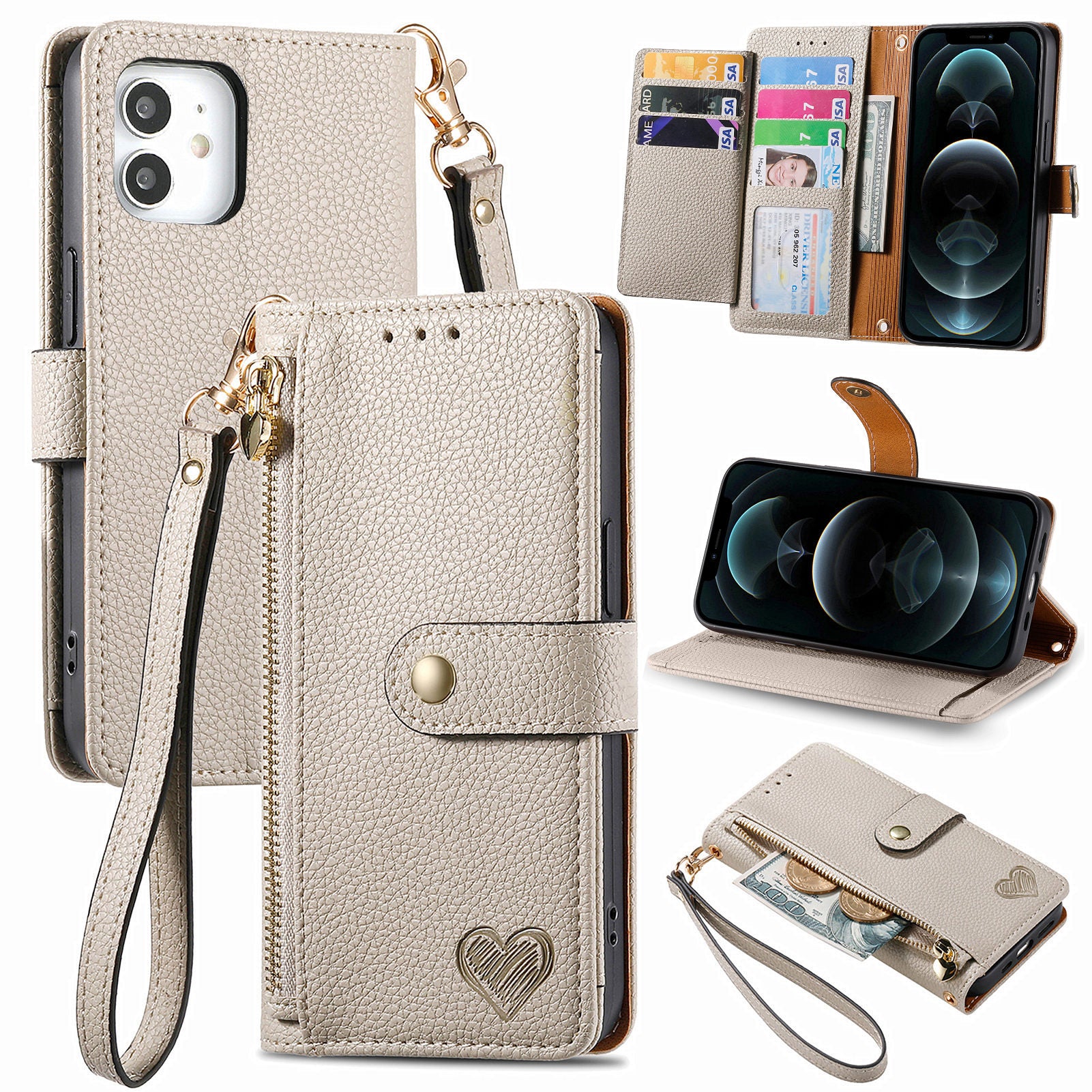 For iPhone 12 / 12 Pro Case Wallet Zipper Leather Phone Cover RFID Blocking Function