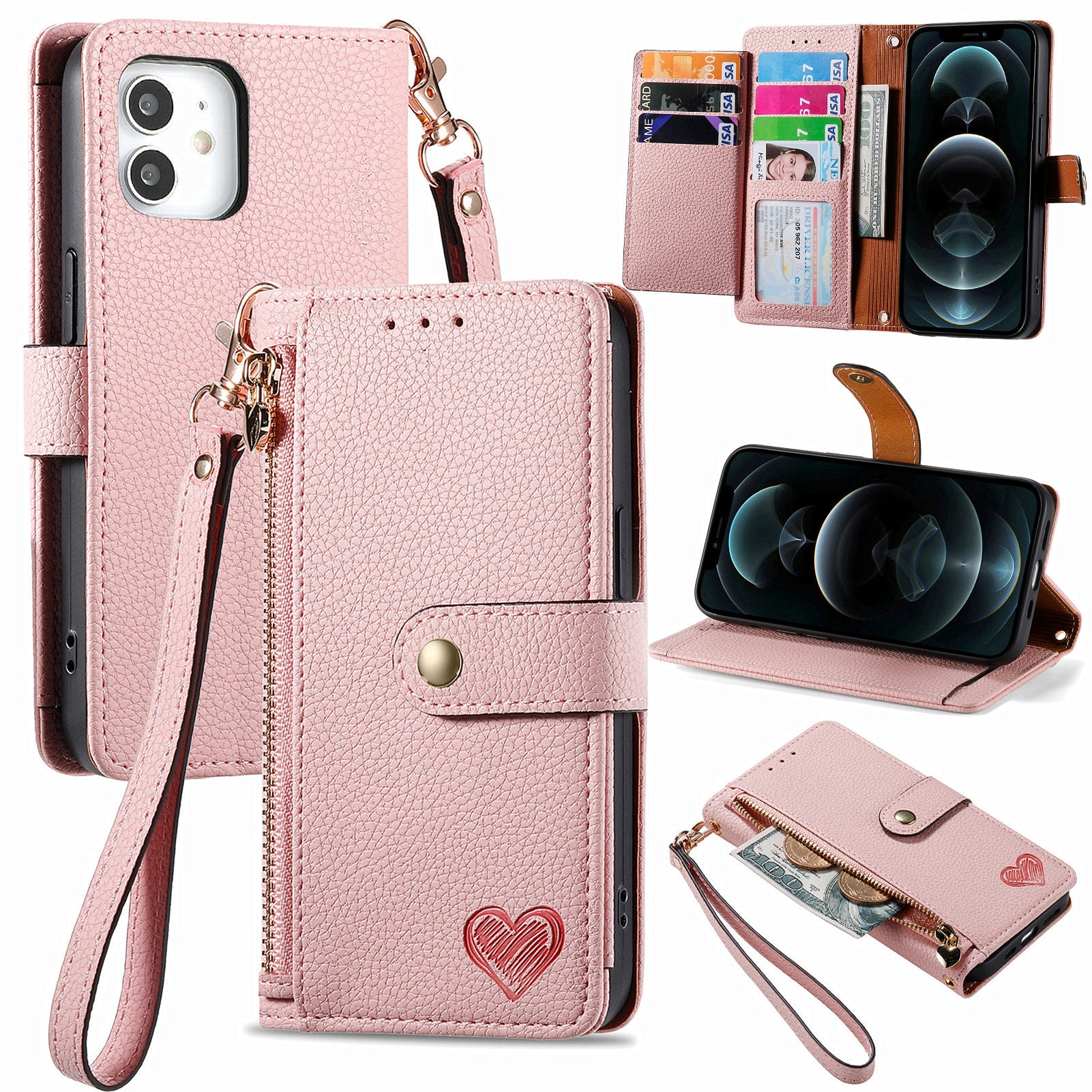 For iPhone 12 / 12 Pro Case Wallet Zipper Leather Phone Cover RFID Blocking Function