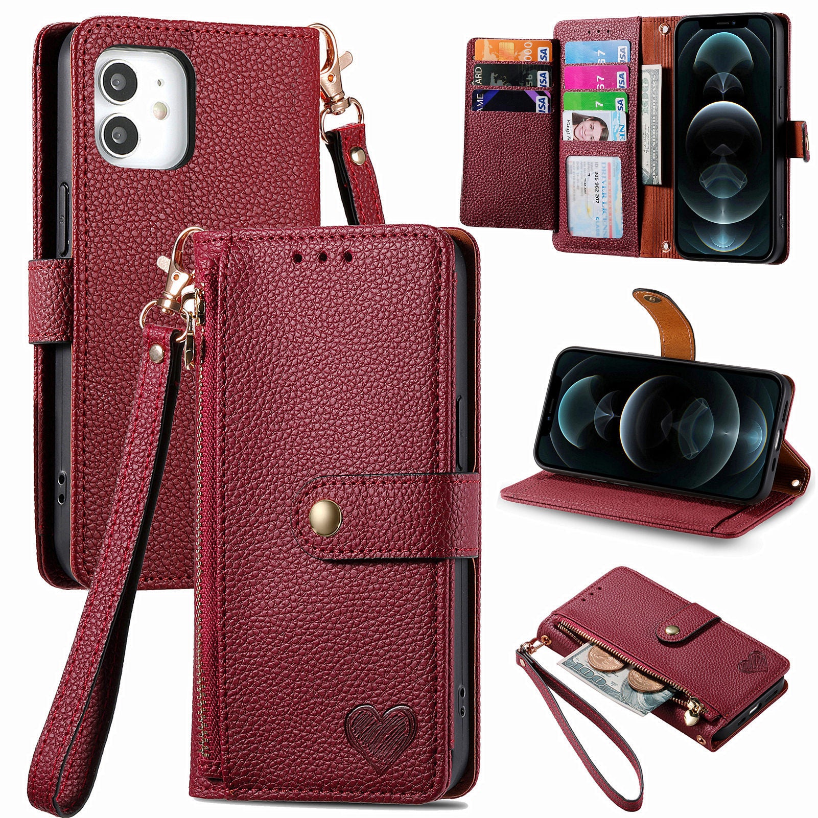 For iPhone 12 / 12 Pro Case Wallet Zipper Leather Phone Cover RFID Blocking Function