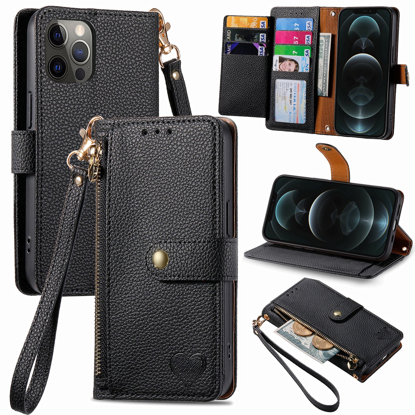 For iPhone 12 Pro Max Leather Case RFID Blocking Zipper Pocket Phone Cover