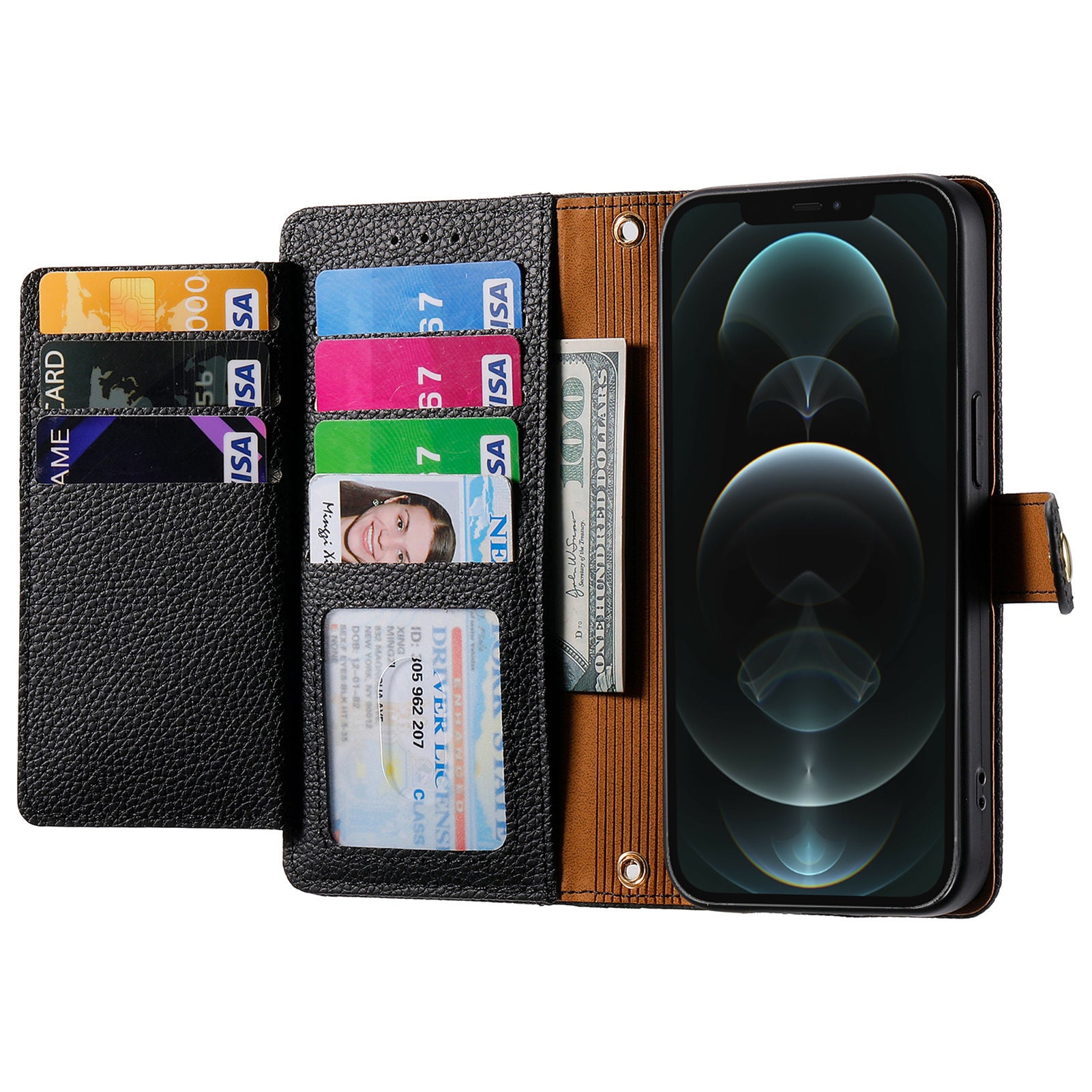 For iPhone 12 Pro Max Leather Case RFID Blocking Zipper Pocket Phone Cover