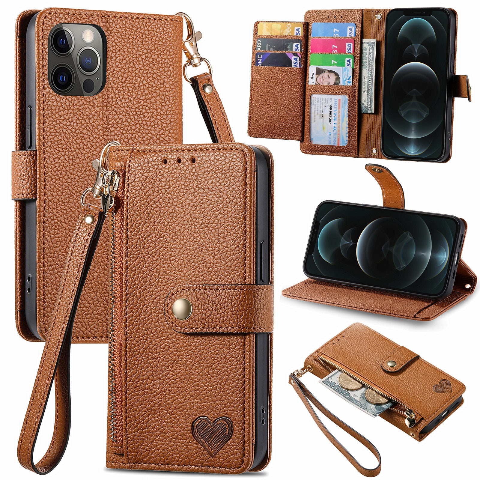 For iPhone 12 Pro Max Leather Case RFID Blocking Zipper Pocket Phone Cover