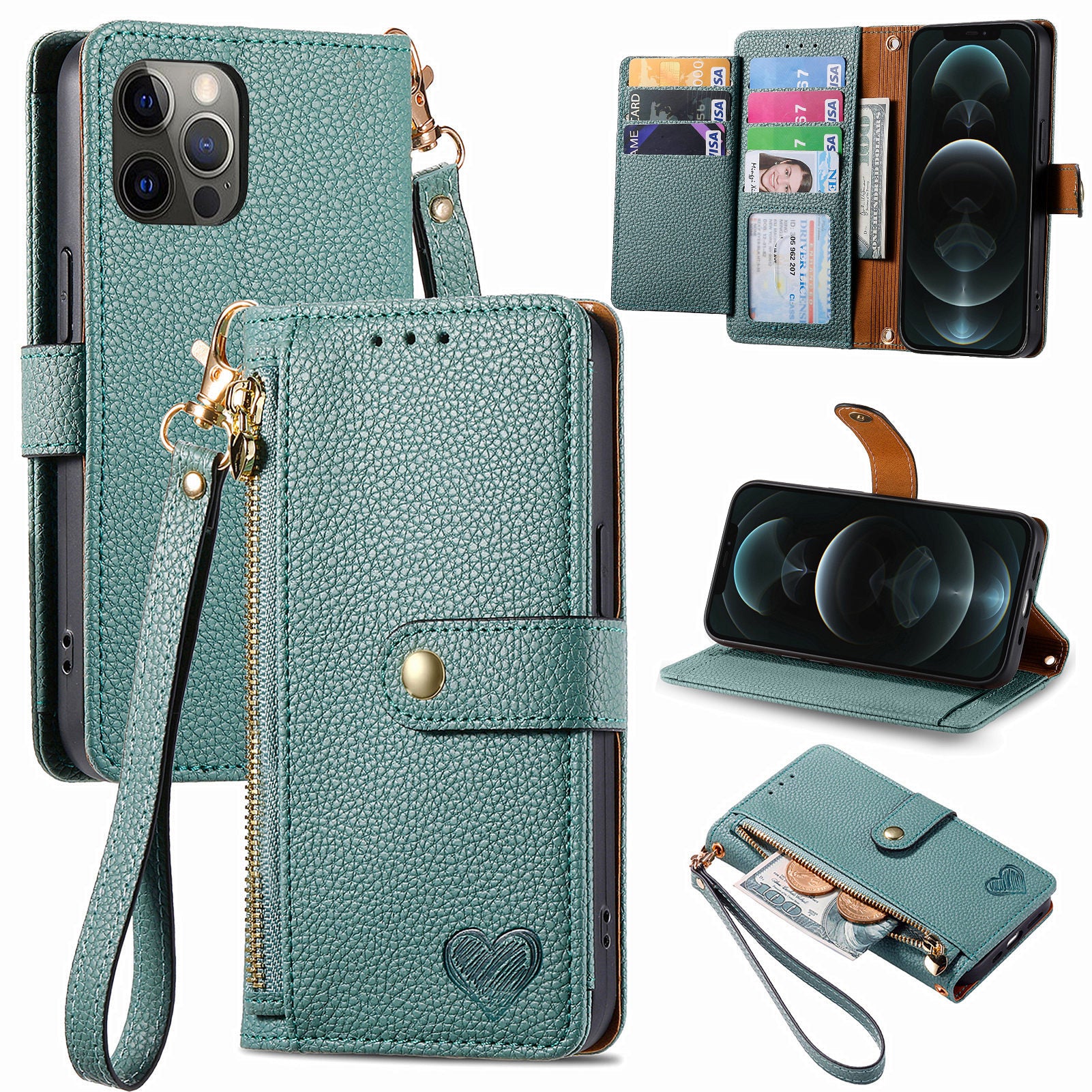 For iPhone 12 Pro Max Leather Case RFID Blocking Zipper Pocket Phone Cover