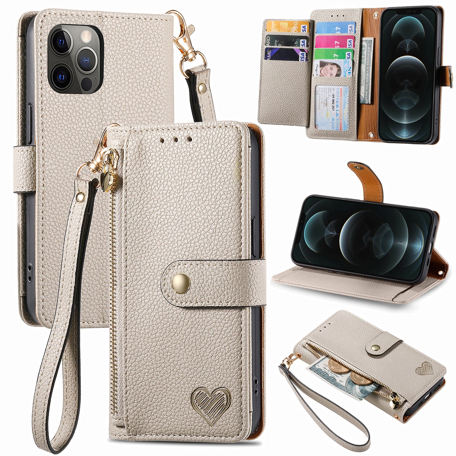 For iPhone 12 Pro Max Leather Case RFID Blocking Zipper Pocket Phone Cover