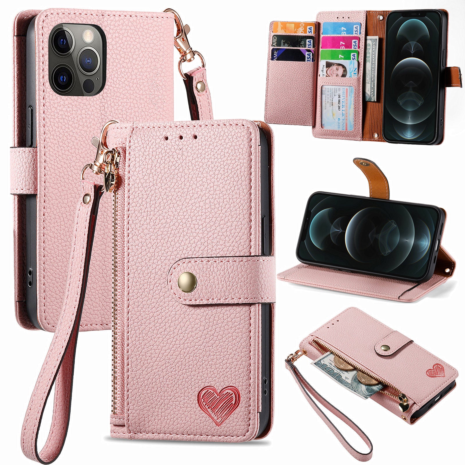 For iPhone 12 Pro Max Leather Case RFID Blocking Zipper Pocket Phone Cover
