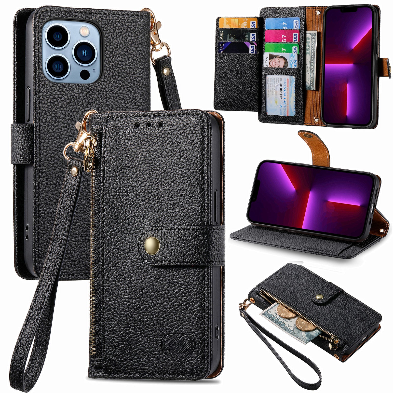 For iPhone 13 Pro Case RFID Blocking Zipper Leather Phone Cover with Wallet Card Slots
