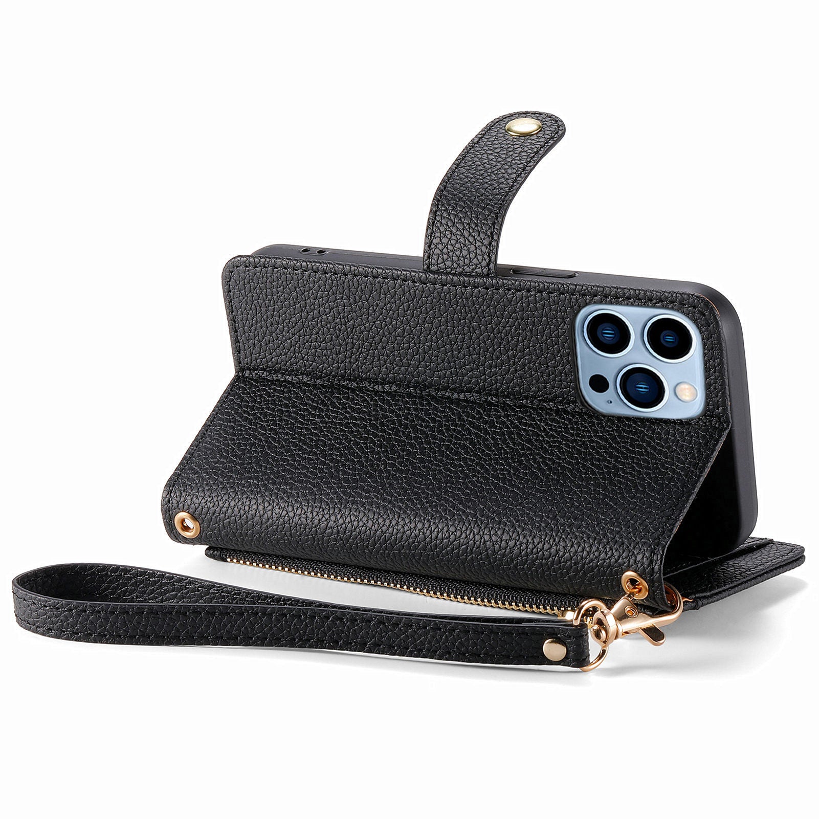 For iPhone 13 Pro Case RFID Blocking Zipper Leather Phone Cover with Wallet Card Slots