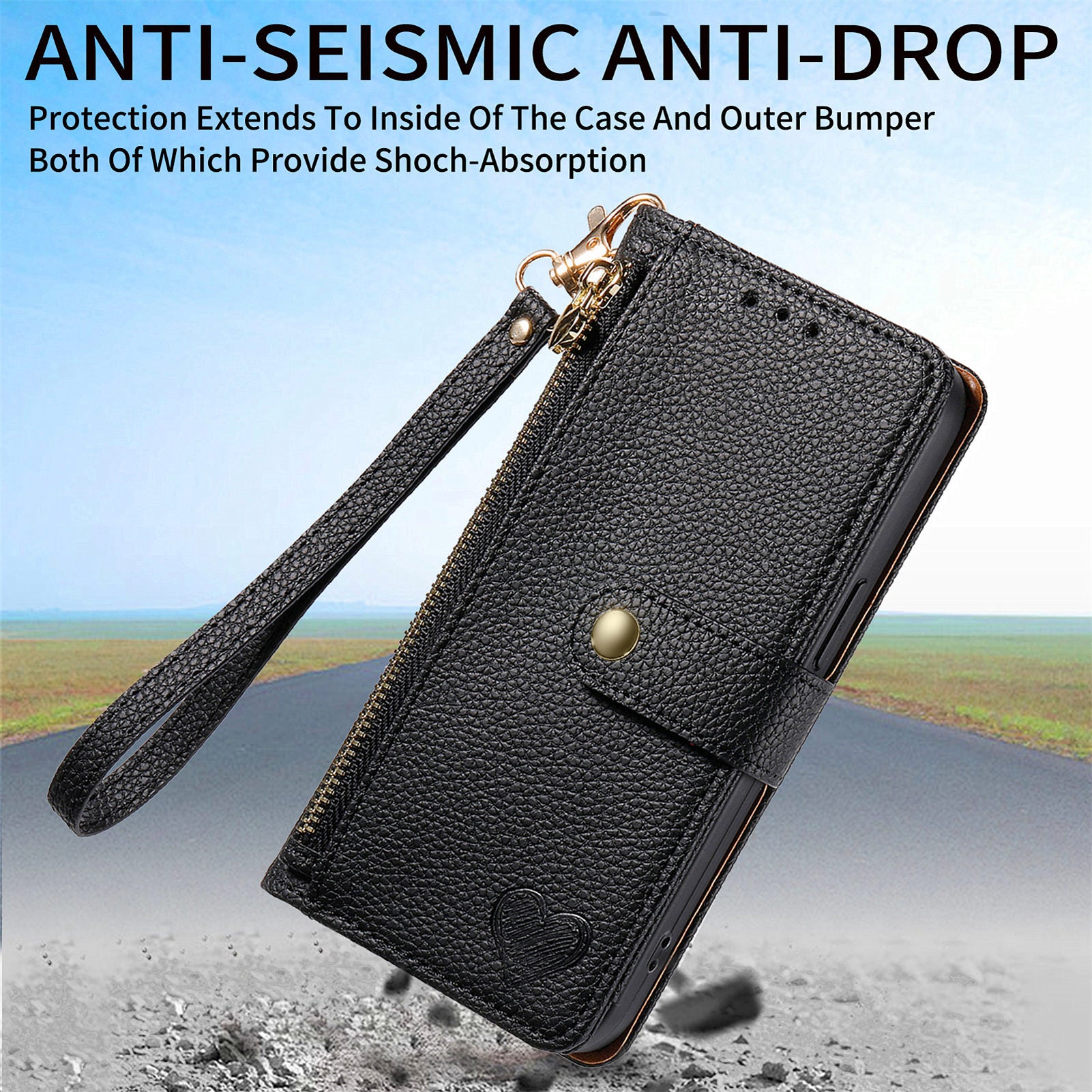 For iPhone 13 Pro Case RFID Blocking Zipper Leather Phone Cover with Wallet Card Slots