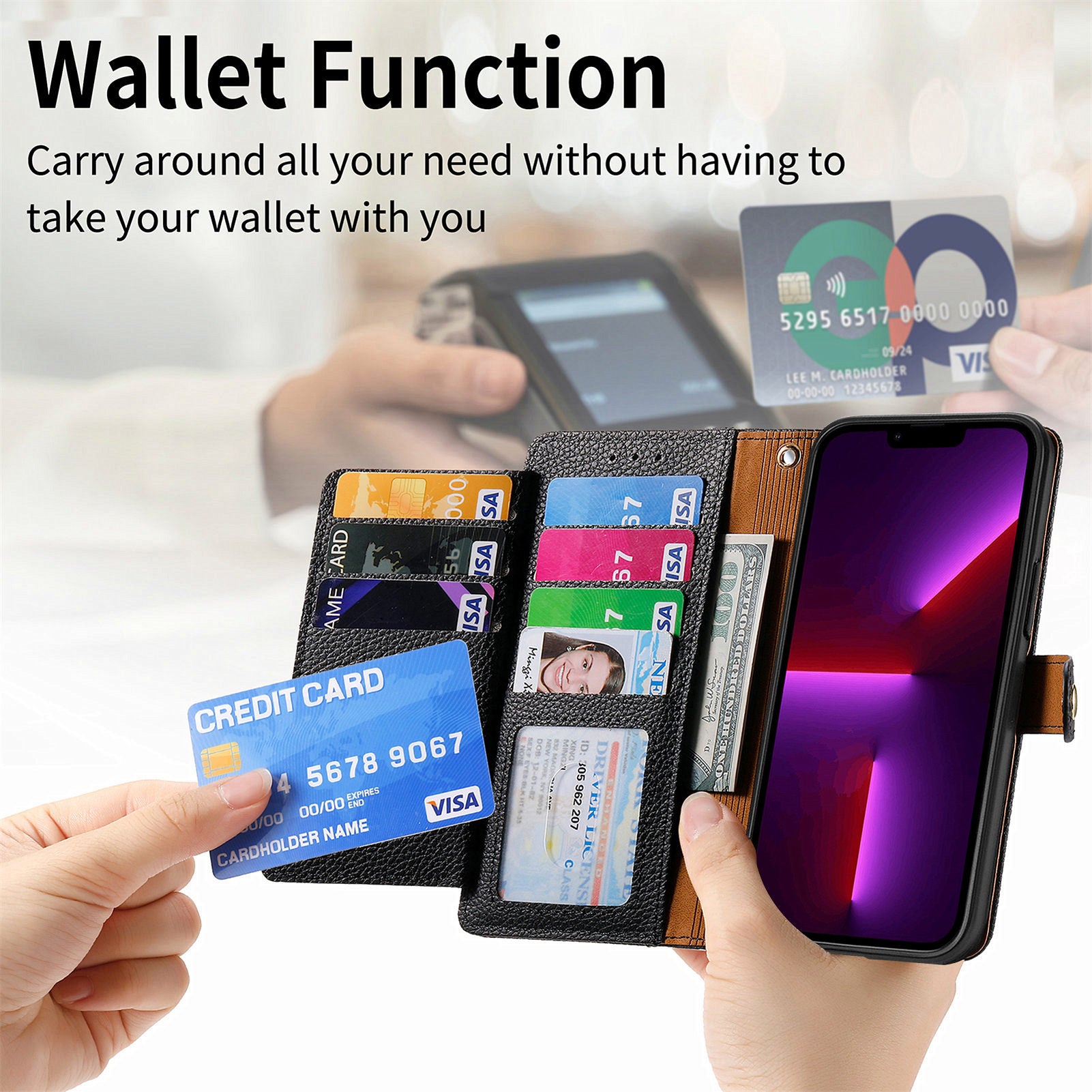 For iPhone 13 Pro Case RFID Blocking Zipper Leather Phone Cover with Wallet Card Slots