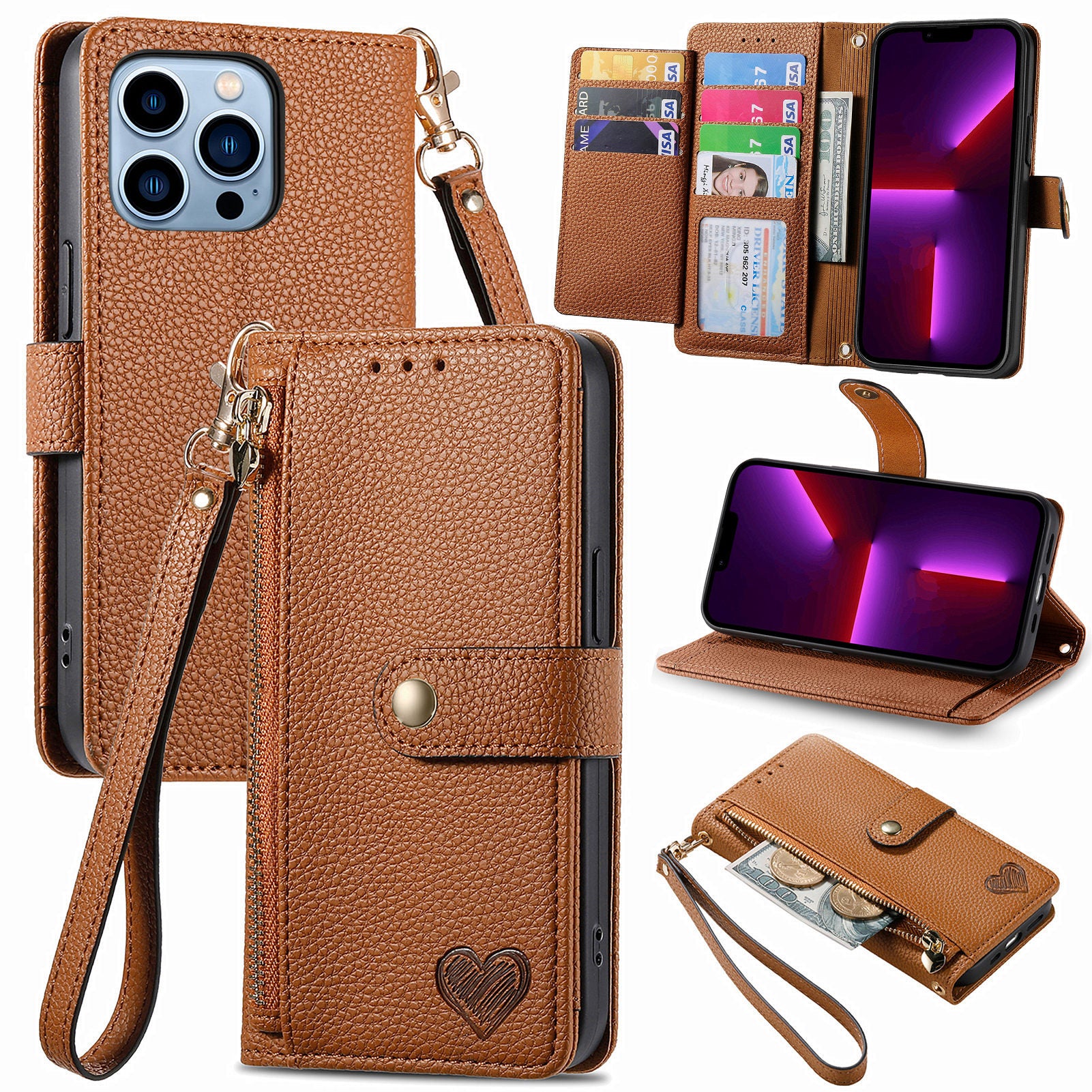 For iPhone 13 Pro Case RFID Blocking Zipper Leather Phone Cover with Wallet Card Slots