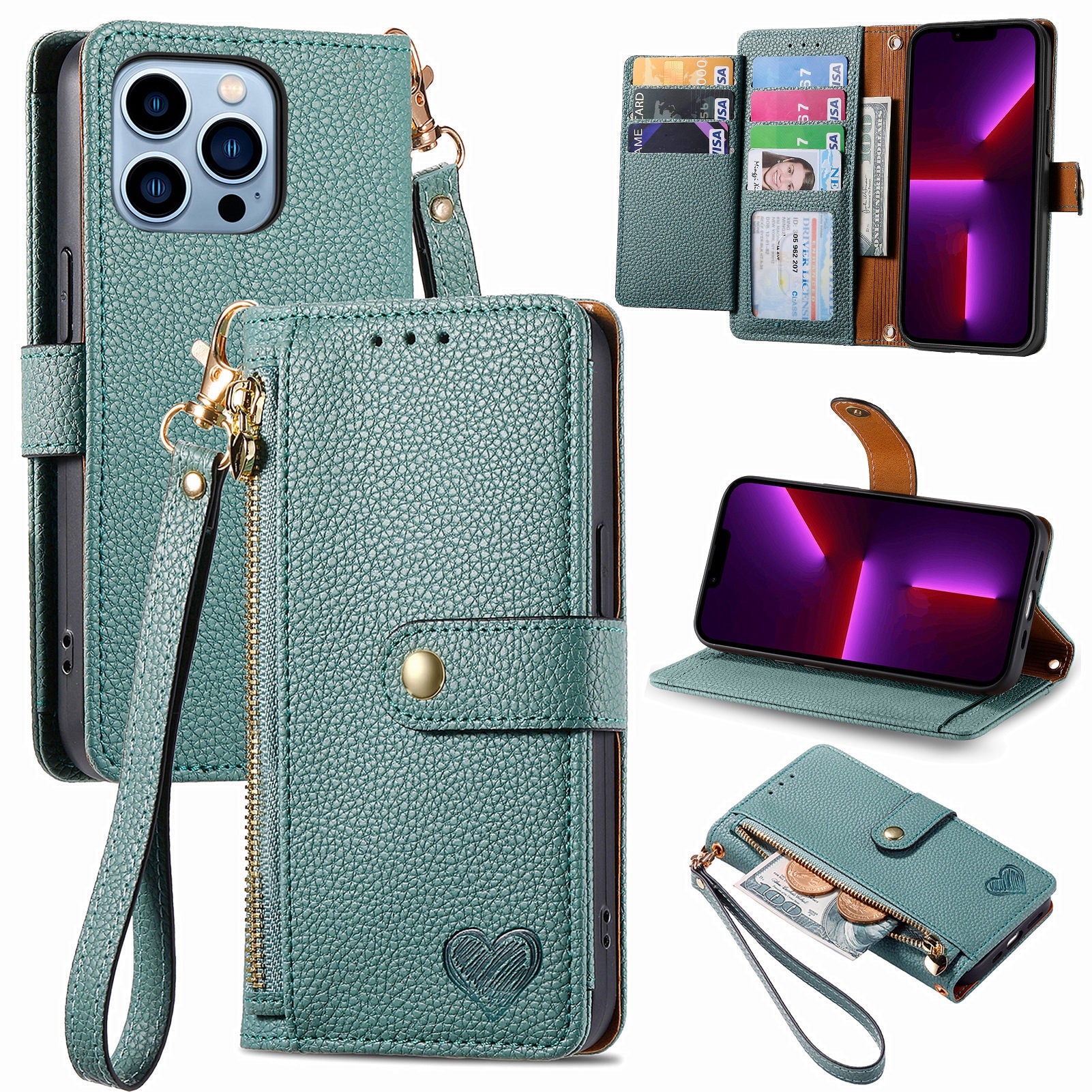 For iPhone 13 Pro Case RFID Blocking Zipper Leather Phone Cover with Wallet Card Slots