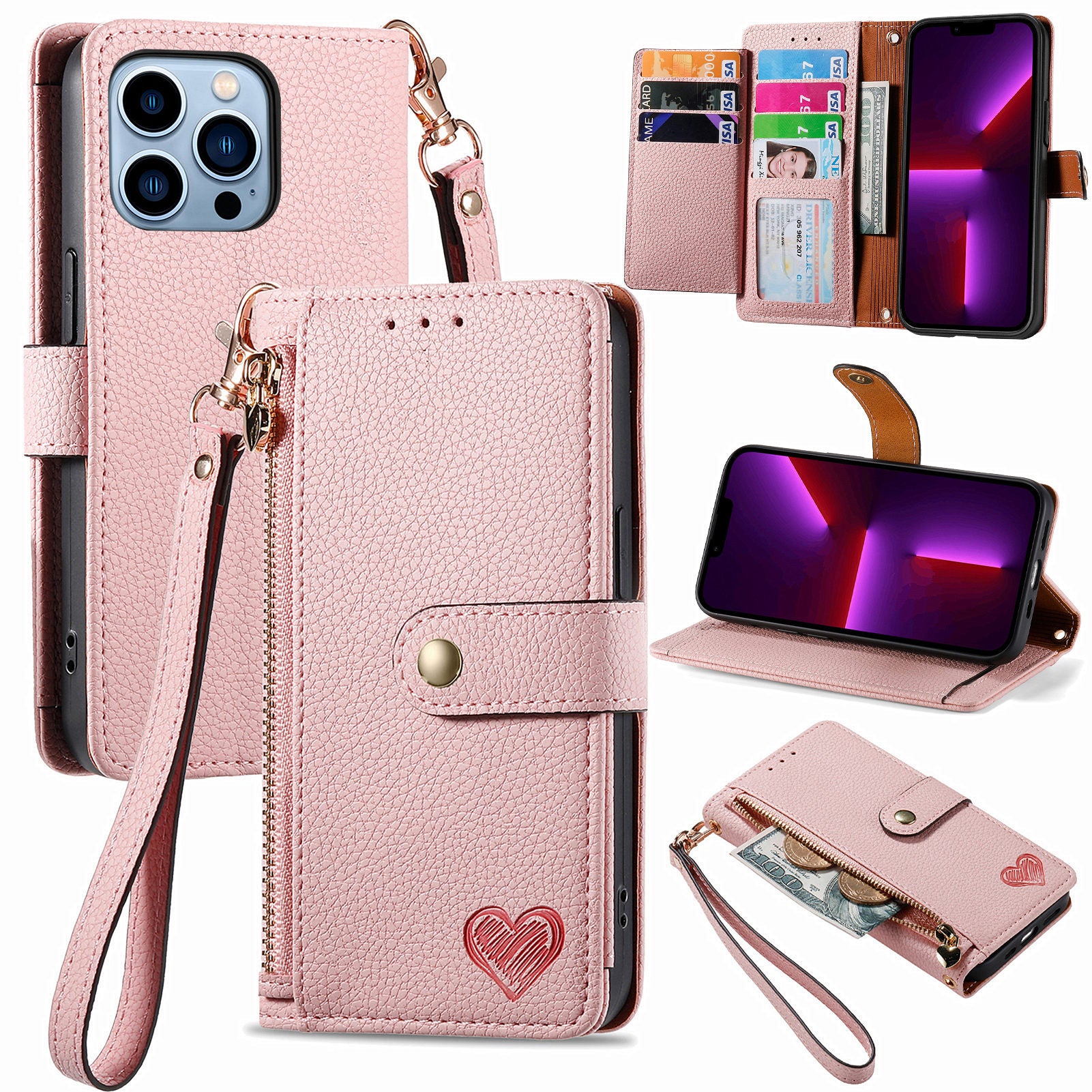 For iPhone 13 Pro Case RFID Blocking Zipper Leather Phone Cover with Wallet Card Slots