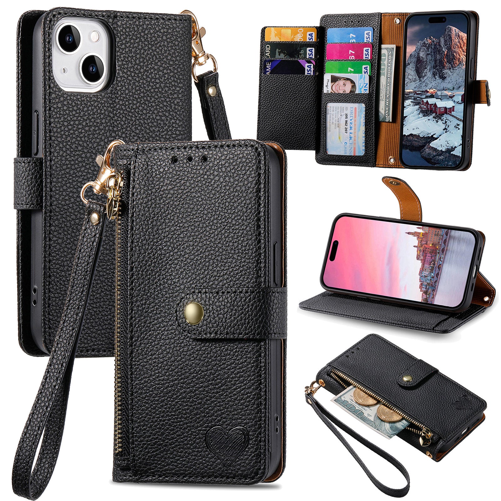 For iPhone 14 / 13 Leather Case RFID Blocking Zipper Pocket Phone Cover Folding Stand
