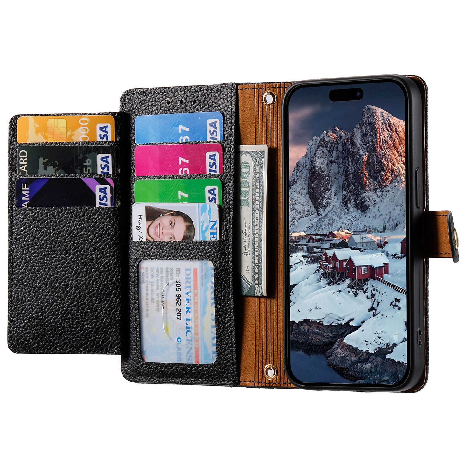 For iPhone 14 / 13 Leather Case RFID Blocking Zipper Pocket Phone Cover Folding Stand
