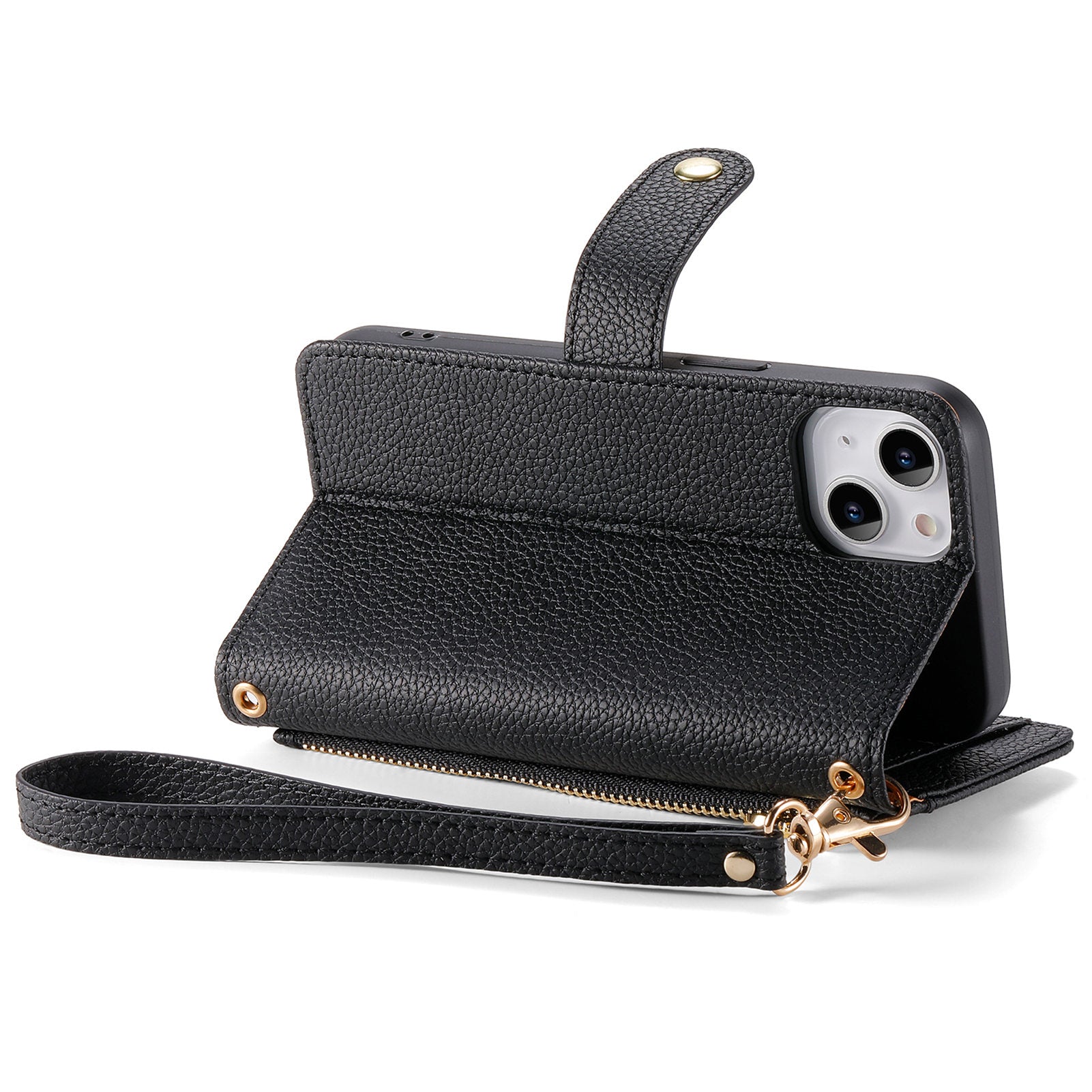 For iPhone 14 / 13 Leather Case RFID Blocking Zipper Pocket Phone Cover Folding Stand