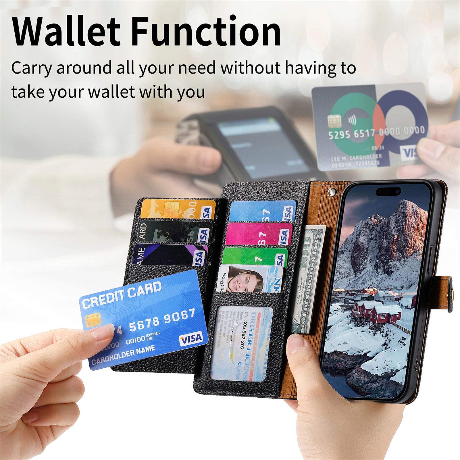 For iPhone 14 / 13 Leather Case RFID Blocking Zipper Pocket Phone Cover Folding Stand