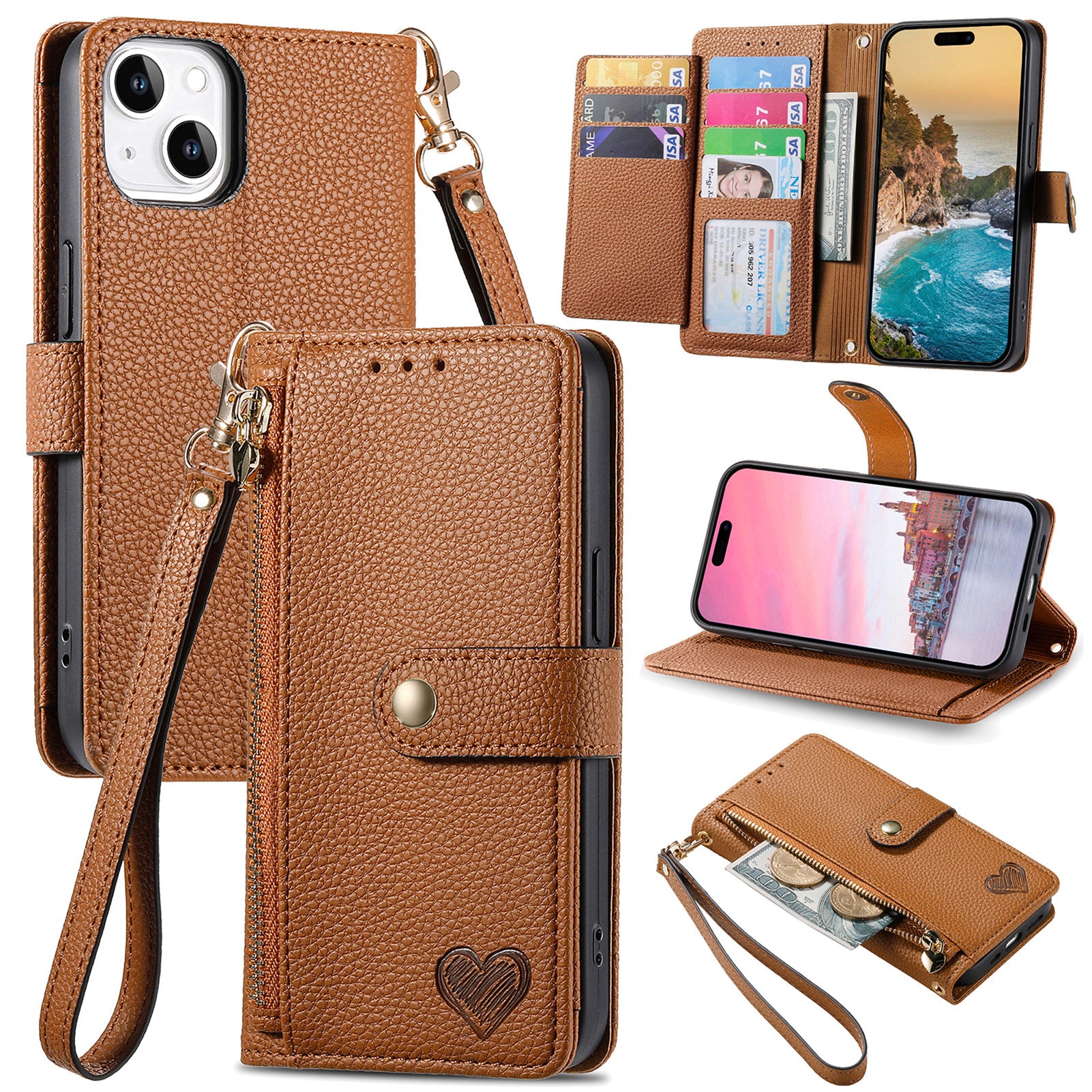 For iPhone 14 / 13 Leather Case RFID Blocking Zipper Pocket Phone Cover Folding Stand