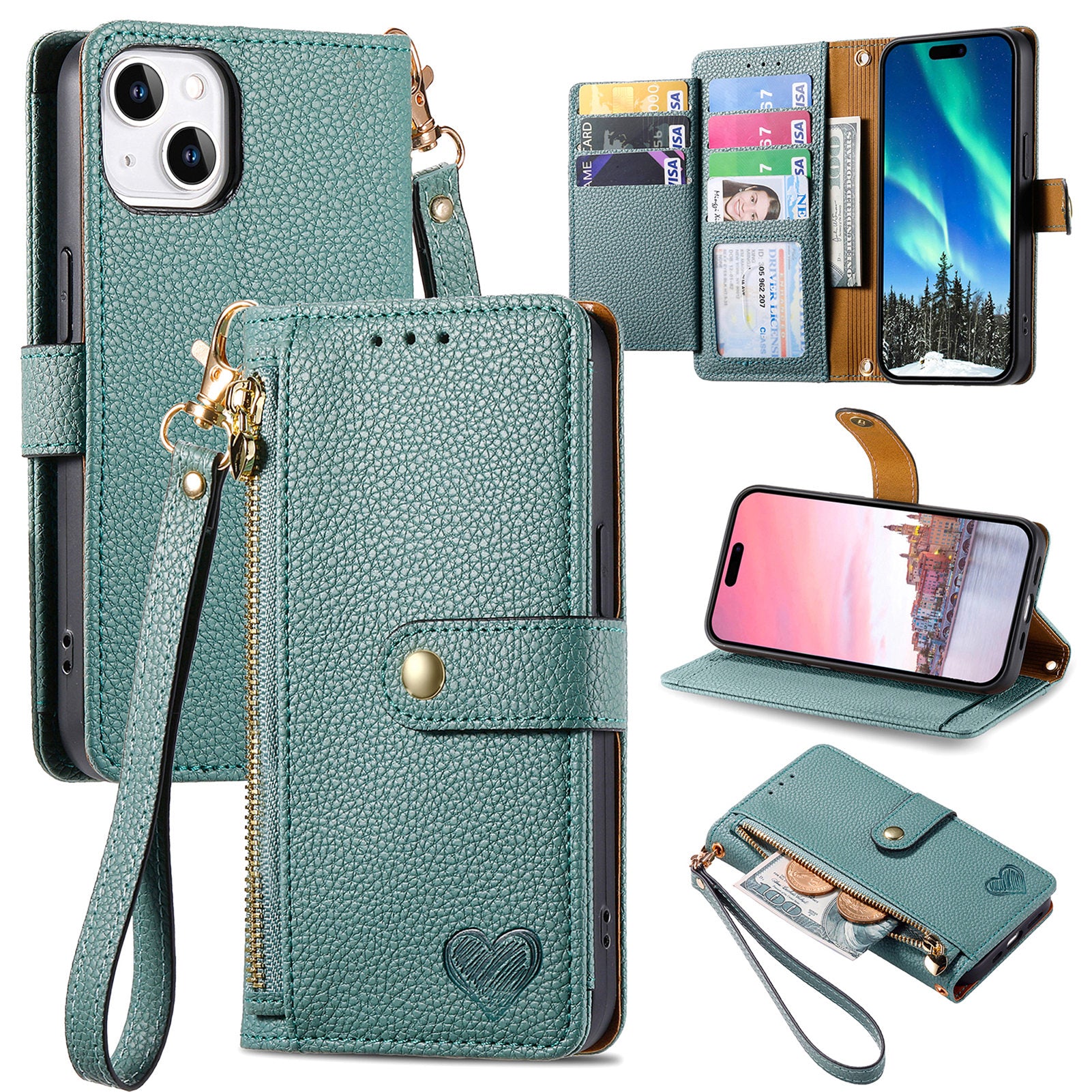 For iPhone 14 / 13 Leather Case RFID Blocking Zipper Pocket Phone Cover Folding Stand
