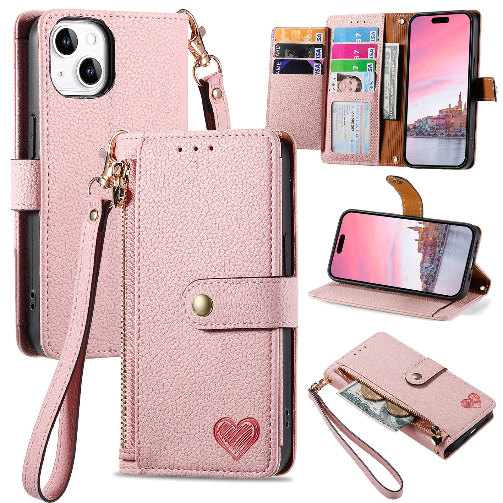For iPhone 14 / 13 Leather Case RFID Blocking Zipper Pocket Phone Cover Folding Stand