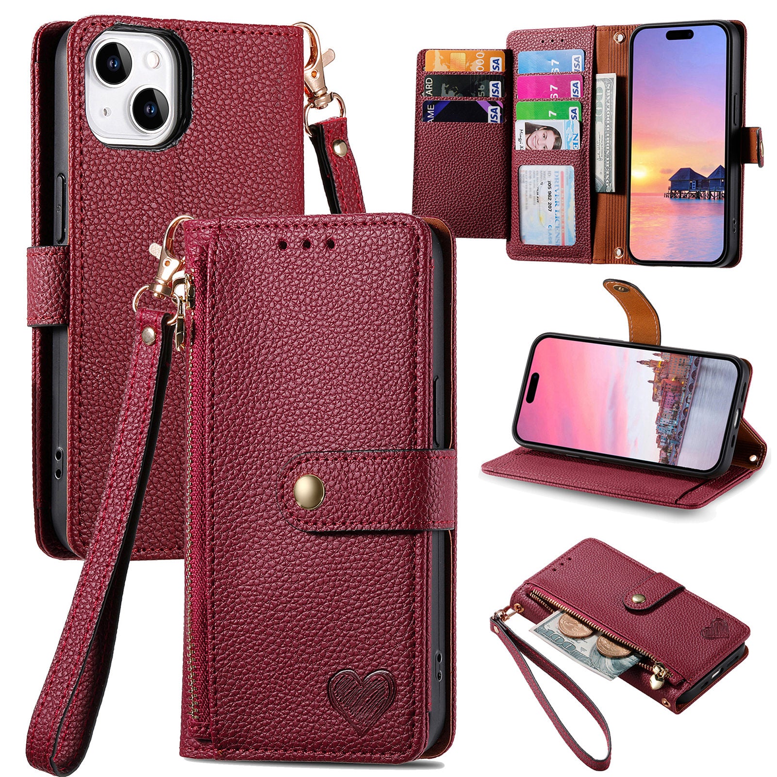 For iPhone 14 / 13 Leather Case RFID Blocking Zipper Pocket Phone Cover Folding Stand