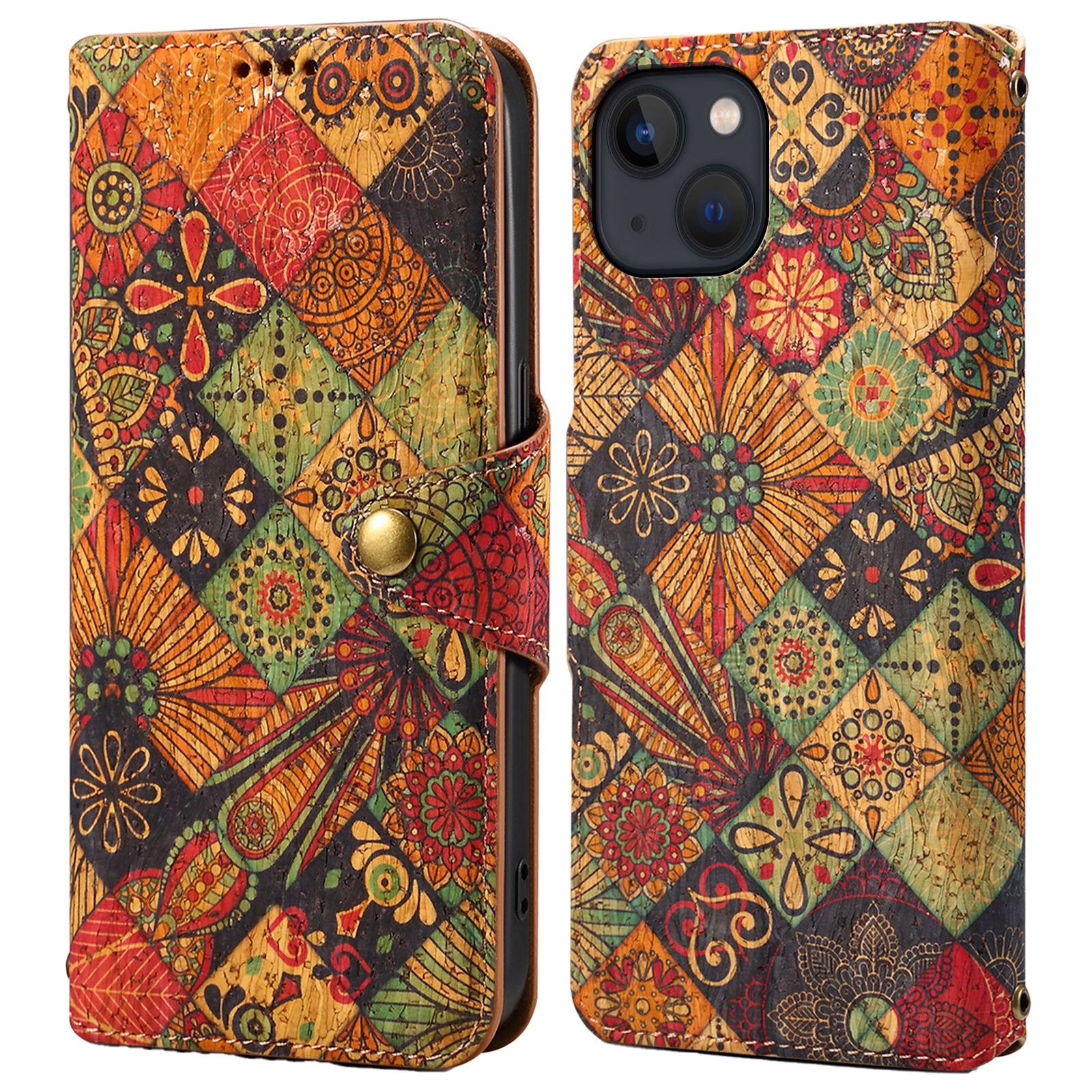 For iPhone 13 Wallet Case PU Leather Seasonal Floral Phone Cover