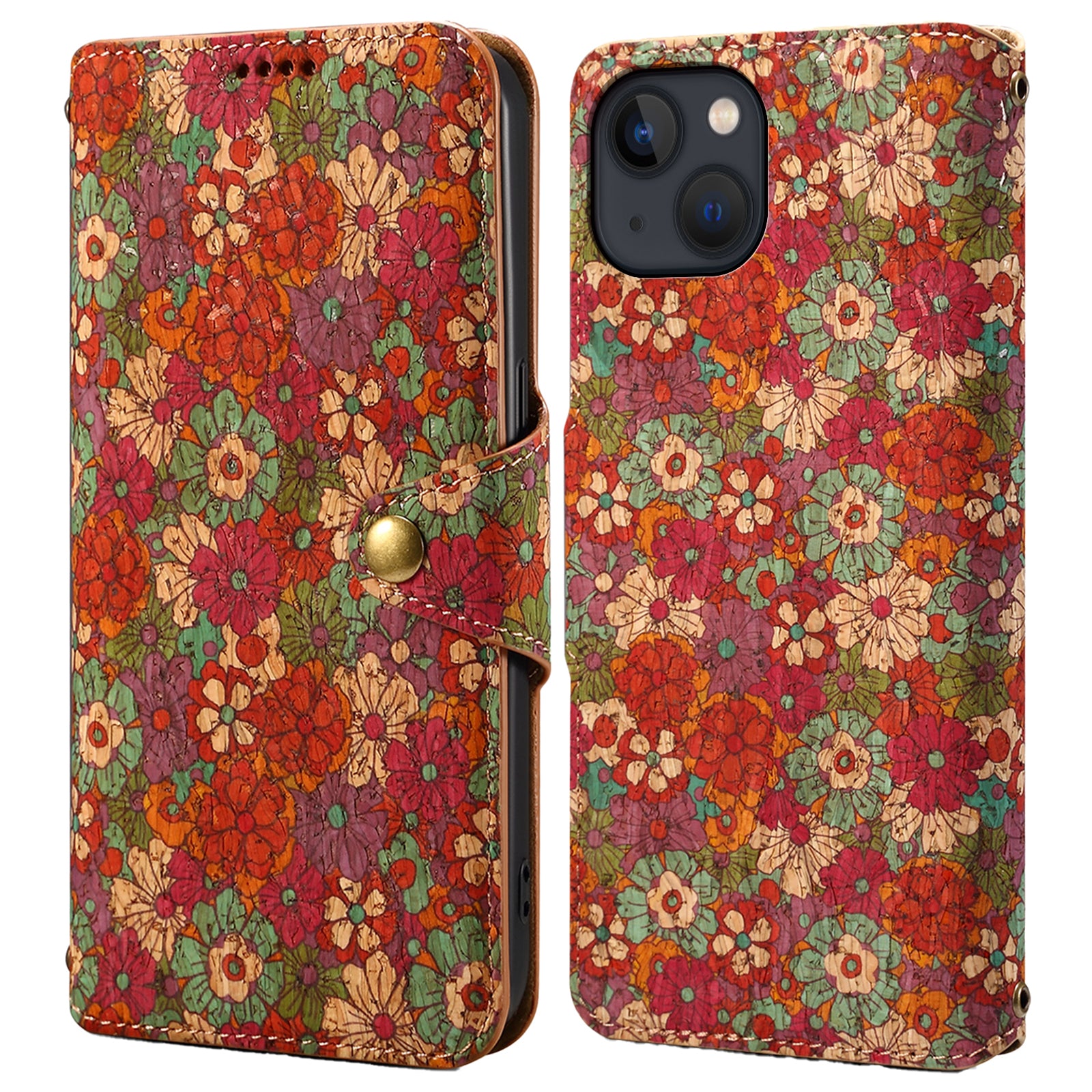 For iPhone 14 Plus Wallet Case Seasonal Flower Printing Phone Leather Cover