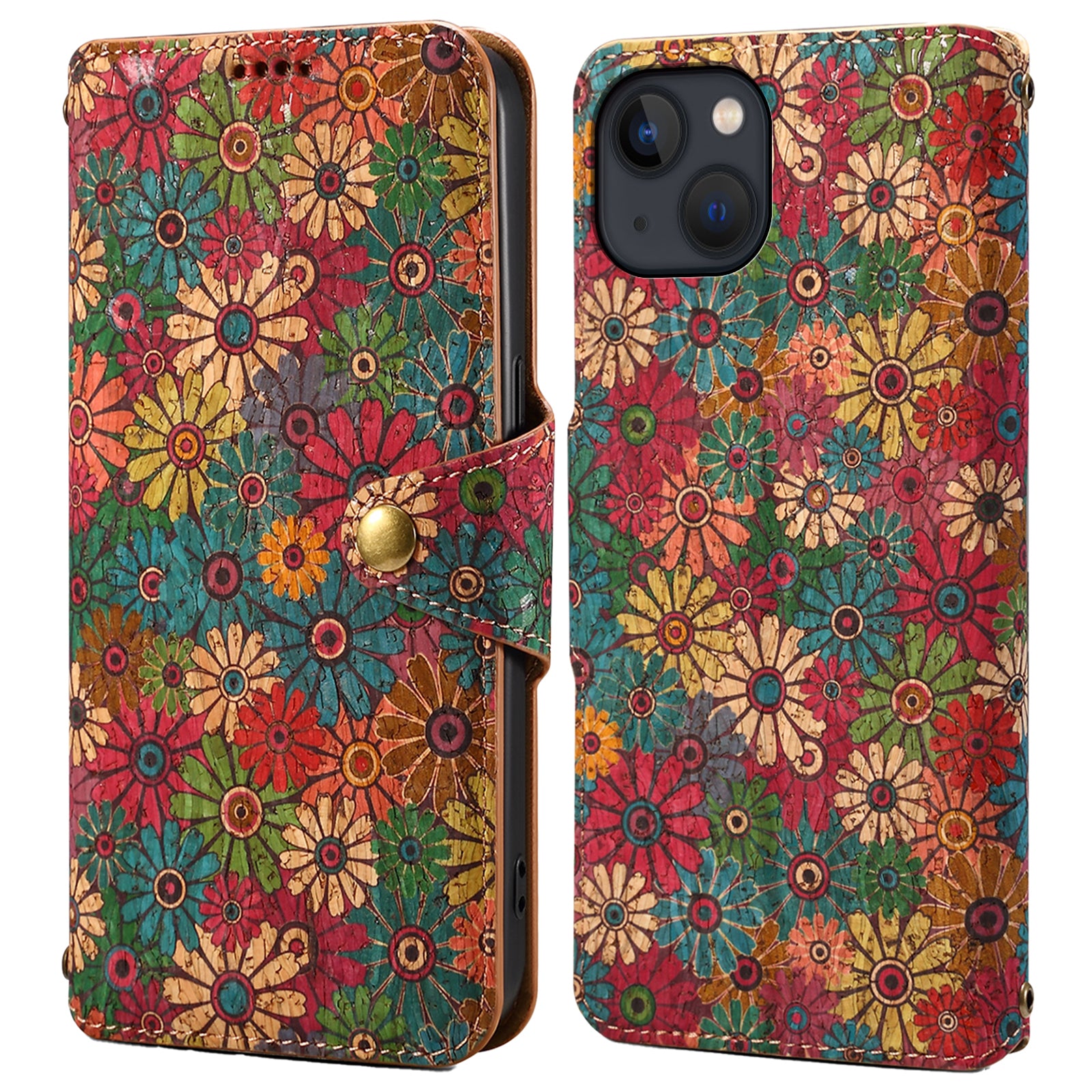 For iPhone 14 Plus Wallet Case Seasonal Flower Printing Phone Leather Cover