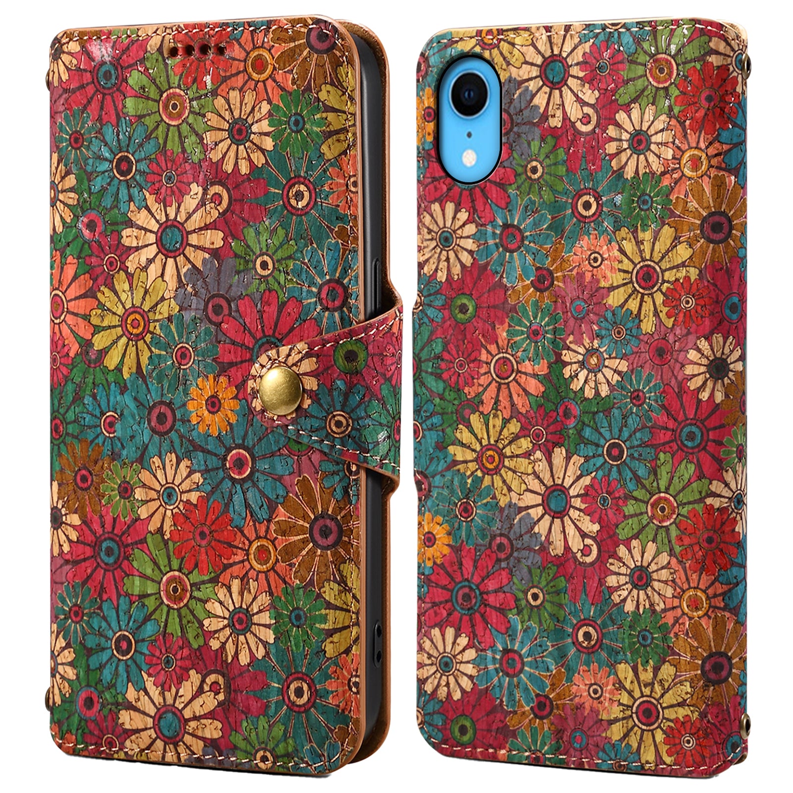 For iPhone XR Leather Case Flower Pattern Printing Phone Cover Wallet Folding Stand