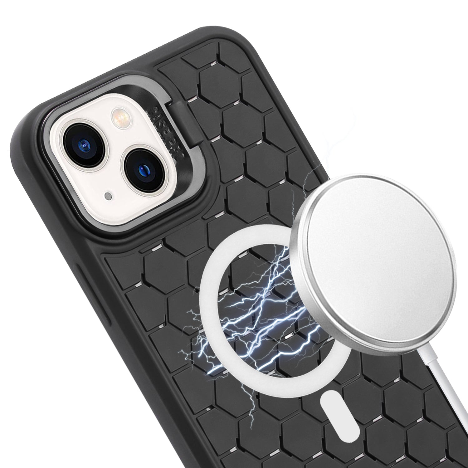 For iPhone 14 Plus Magnetic Case Invisible Kickstand TPU Phone Cover with Lanyard
