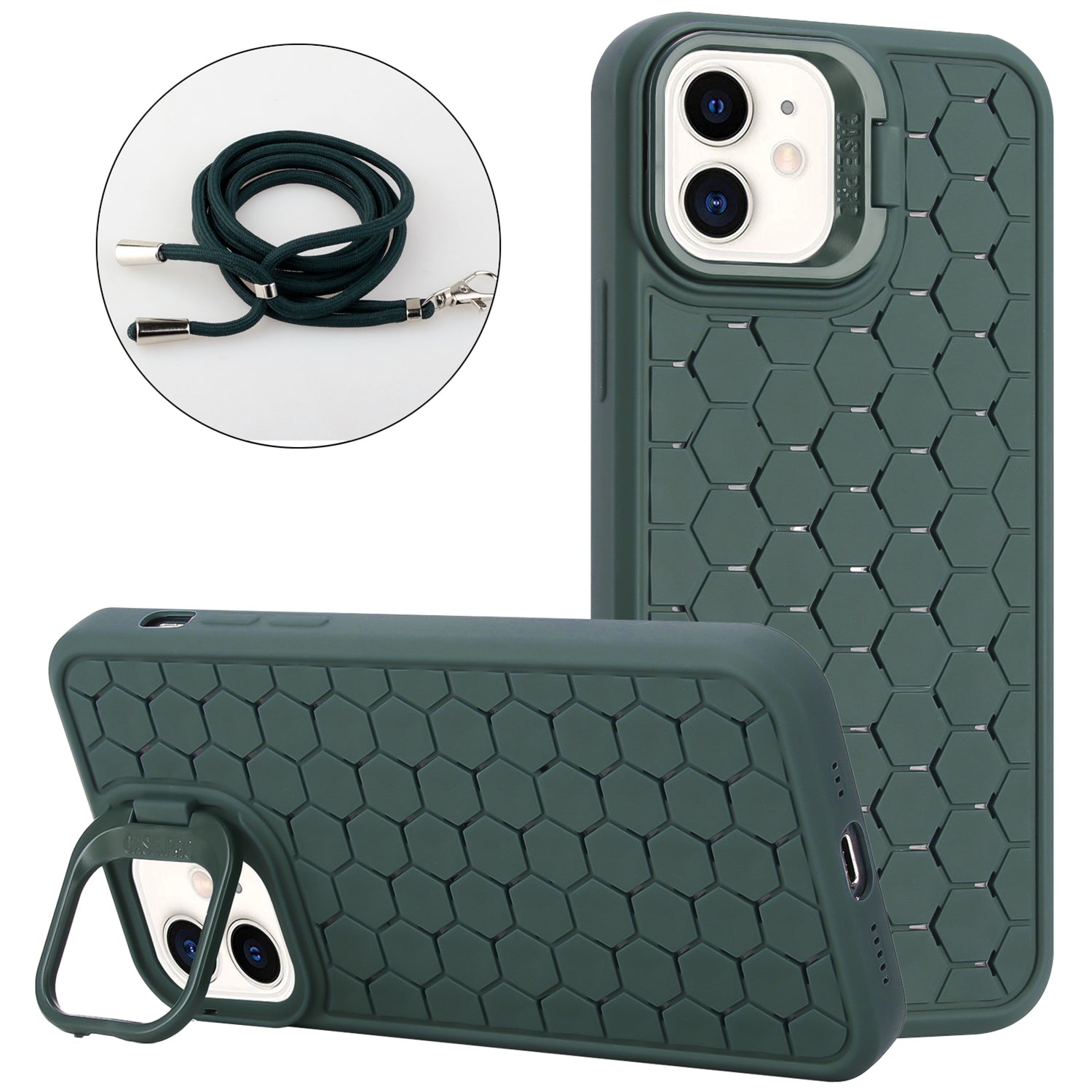 For iPhone 12 Magnetic Case Lens Frame Kickstand Heat Dissipation TPU Cover with Lanyard