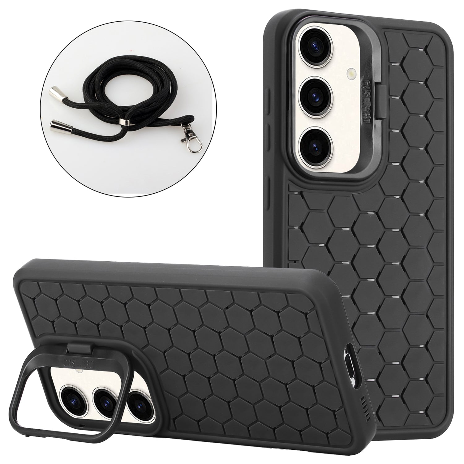 For Samsung Galaxy S24+ Magnetic Phone Case Lens Frame Kickstand TPU Cover with Lanyard