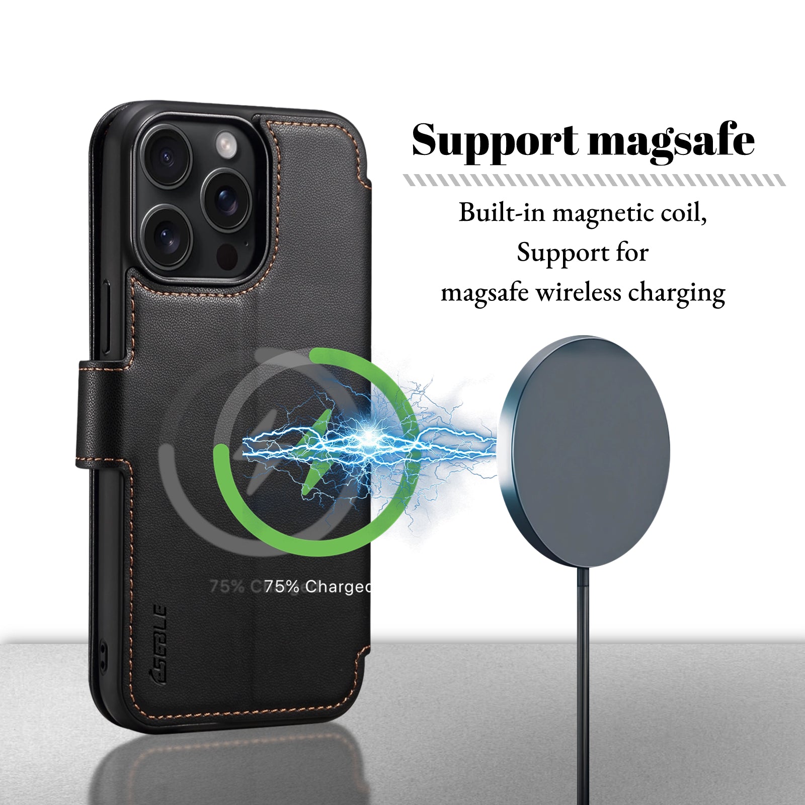 E1 For iPhone 14 Pro Case Nappa Texture Leather Wallet Phone Cover Compatible with MagSafe