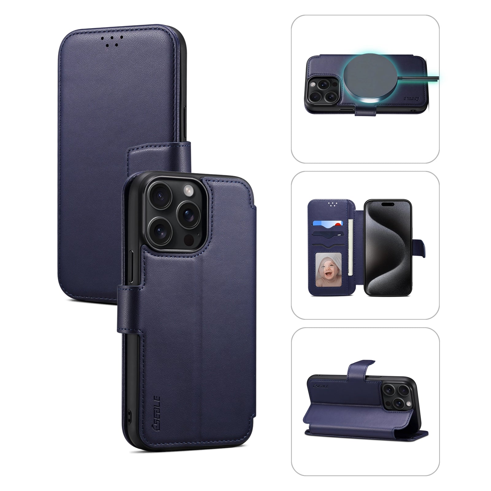 E1 For iPhone 14 Pro Case Nappa Texture Leather Wallet Phone Cover Compatible with MagSafe