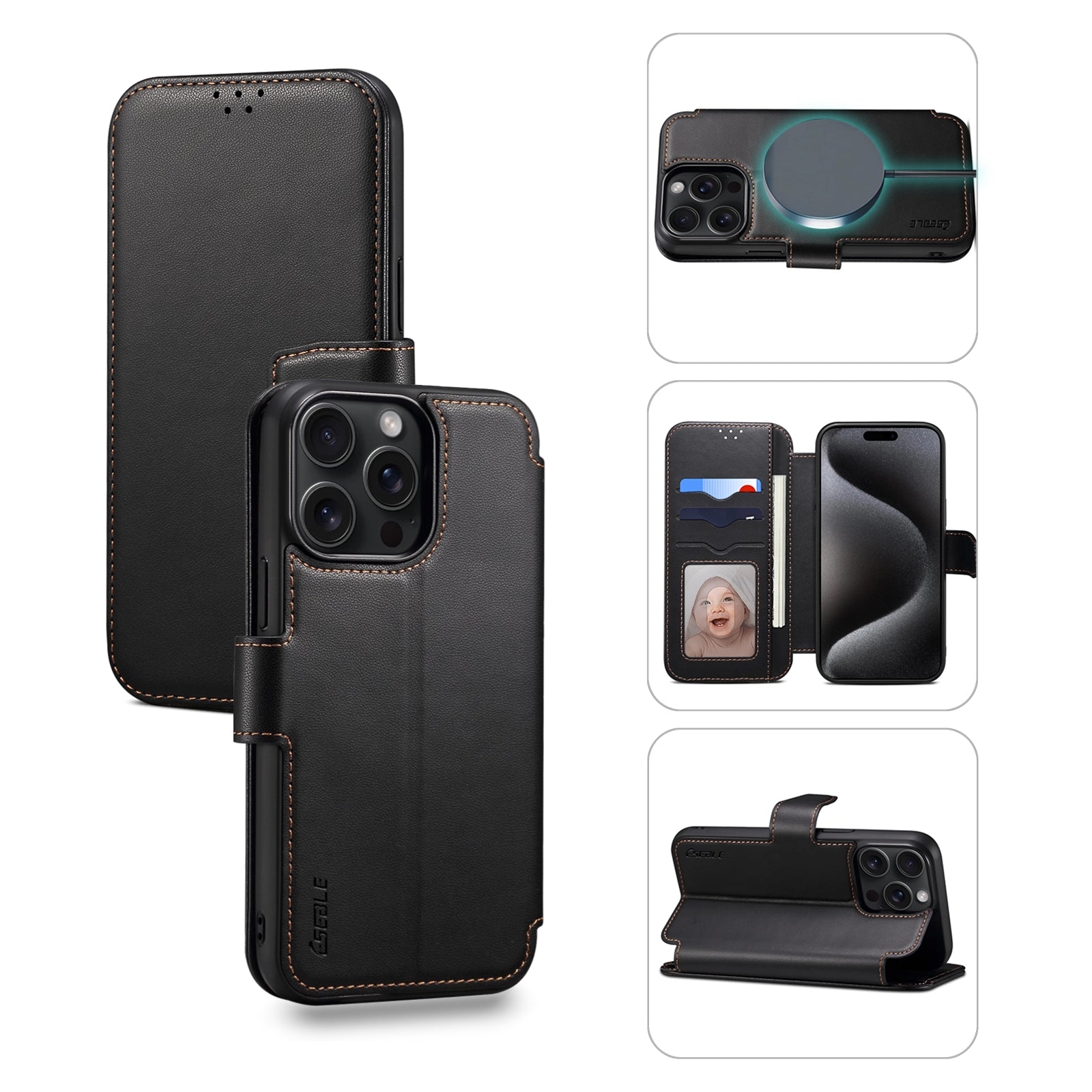 E1 For iPhone 14 Pro Max Case Compatible with MagSafe Nappa Texture Leather Wallet Stand Phone Cover