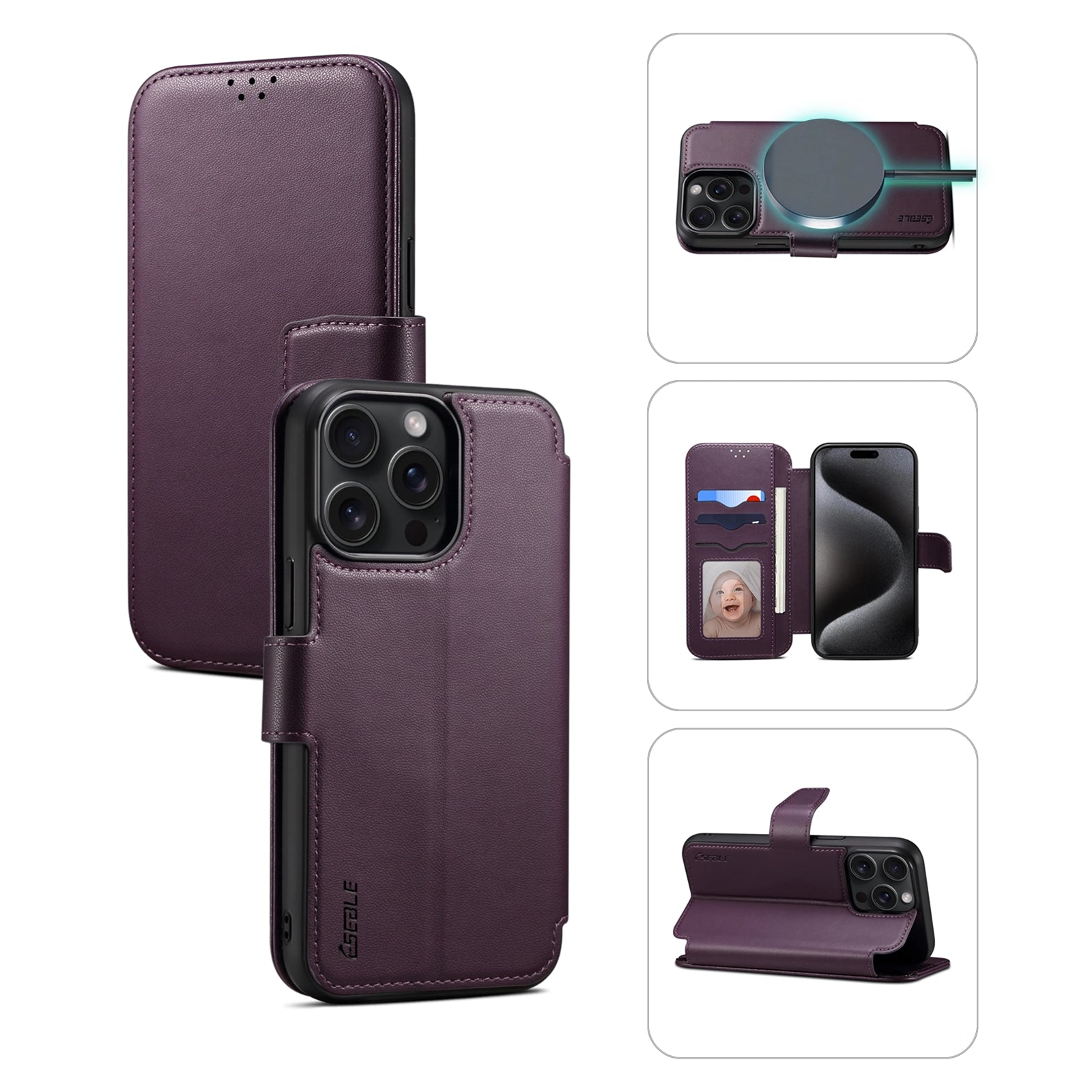 E1 For iPhone 14 Pro Max Case Compatible with MagSafe Nappa Texture Leather Wallet Stand Phone Cover