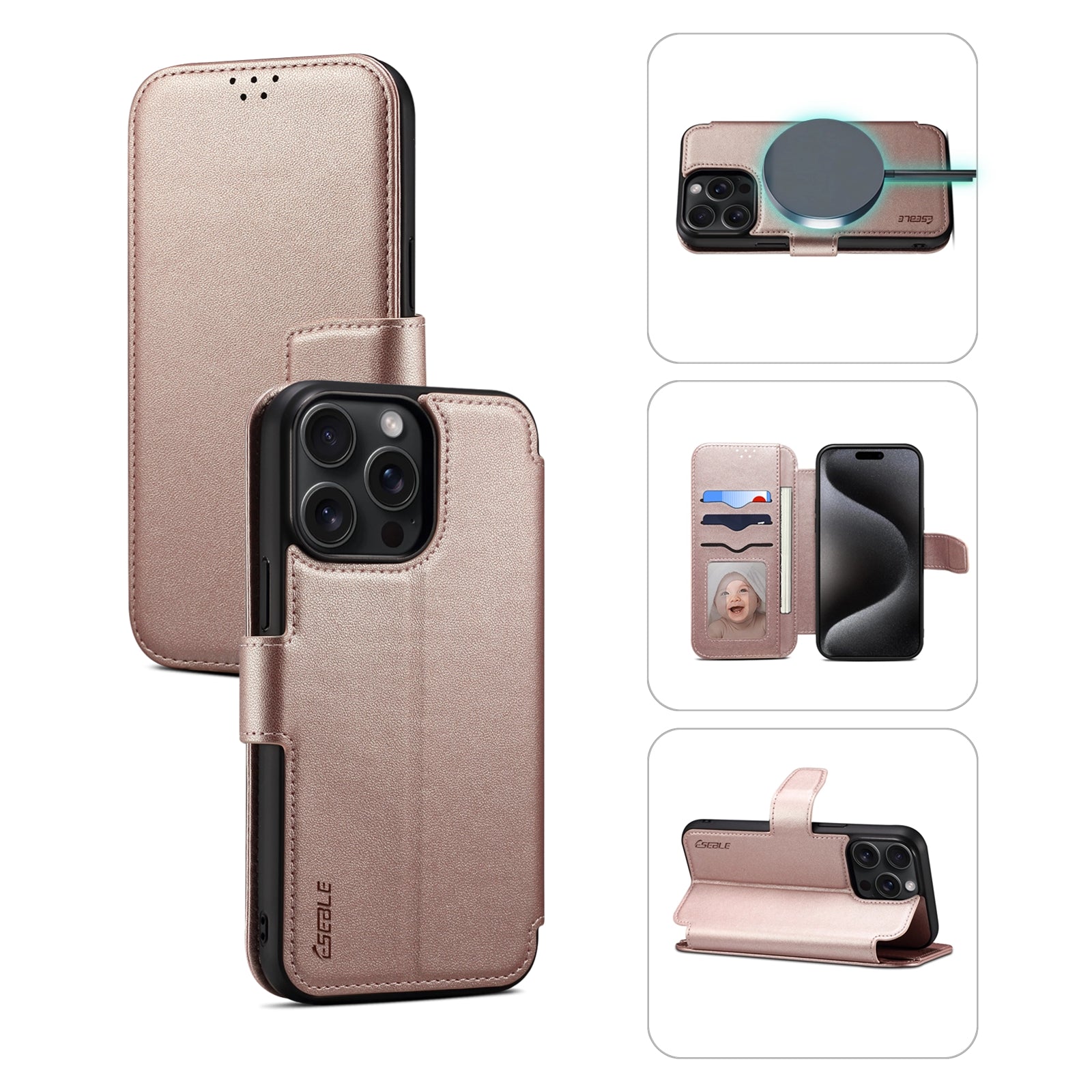 E1 For iPhone 15 Pro Max Case Leather Wallet Magnetic Smartphone Cover Compatible with MagSafe