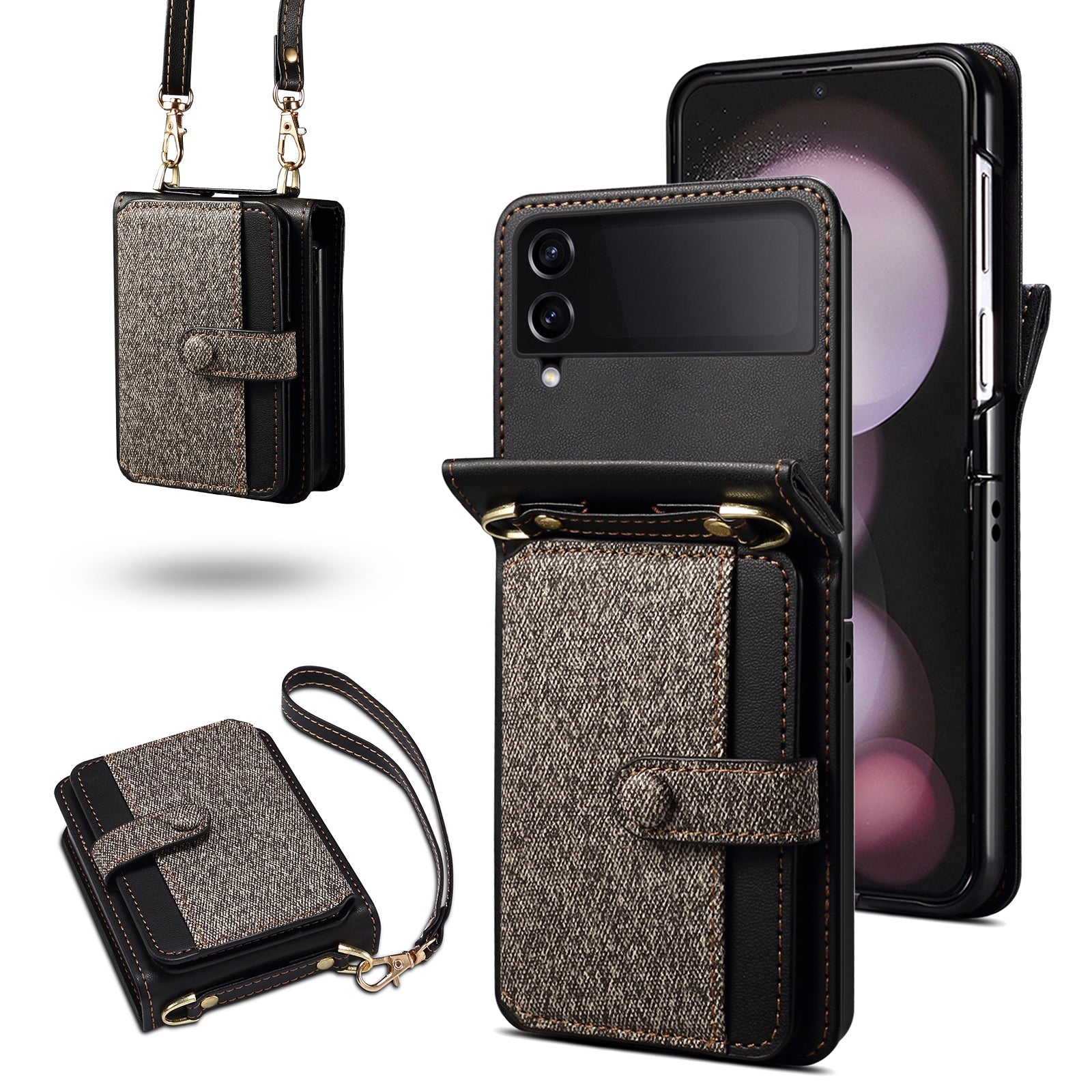 For Samsung Galaxy Z Flip4 5G Phone Case PU Leather+PC Phone Cover with Strap