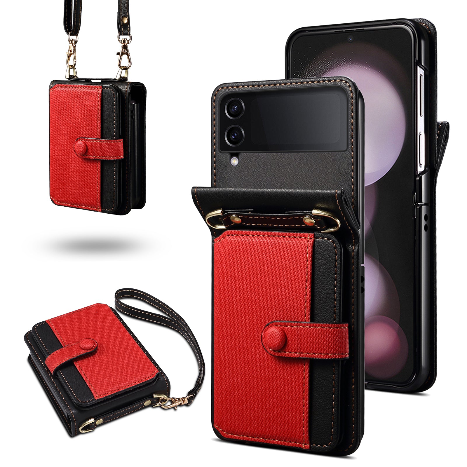 For Samsung Galaxy Z Flip4 5G Phone Case PU Leather+PC Phone Cover with Strap
