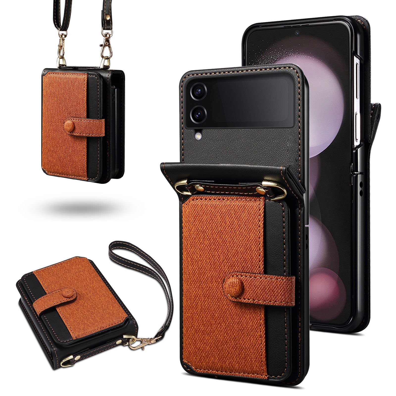 For Samsung Galaxy Z Flip4 5G Phone Case PU Leather+PC Phone Cover with Strap
