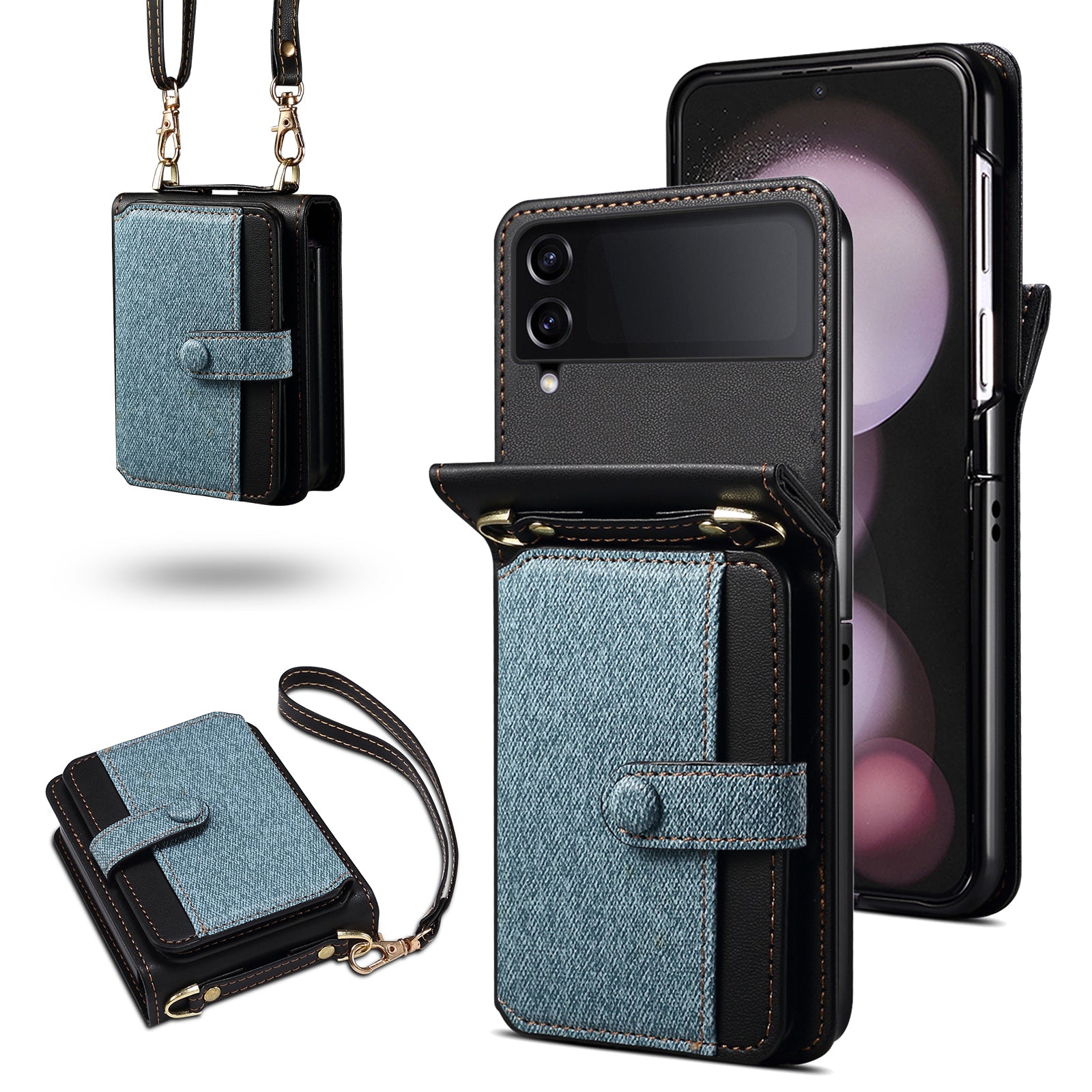 For Samsung Galaxy Z Flip3 5G Phone Cover PU Leather+PC Phone Shell with Strap